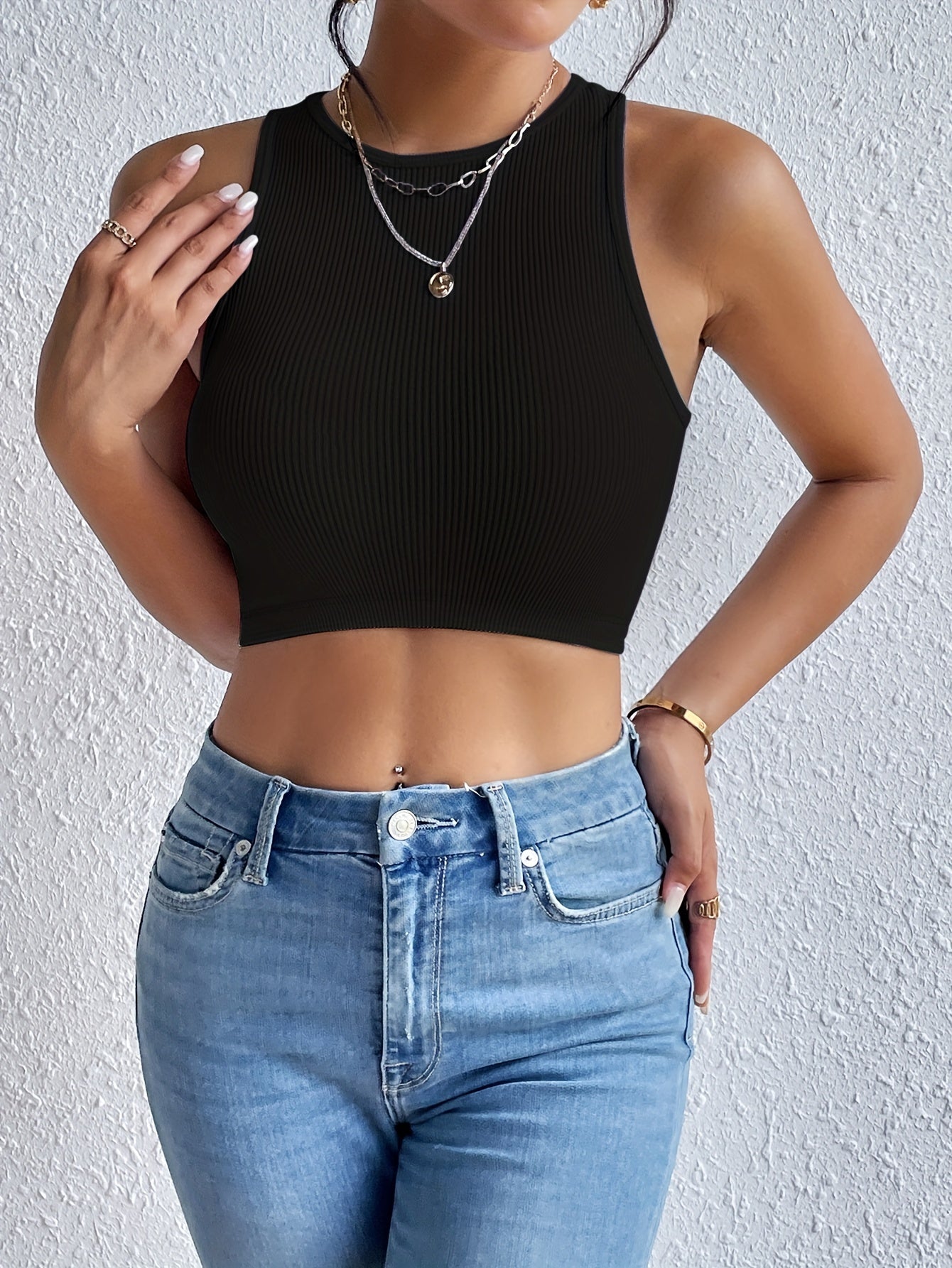 Solid Ribbed Crop Tank Top, Casual Sleeveless Basic Summer Top, Women's Clothing