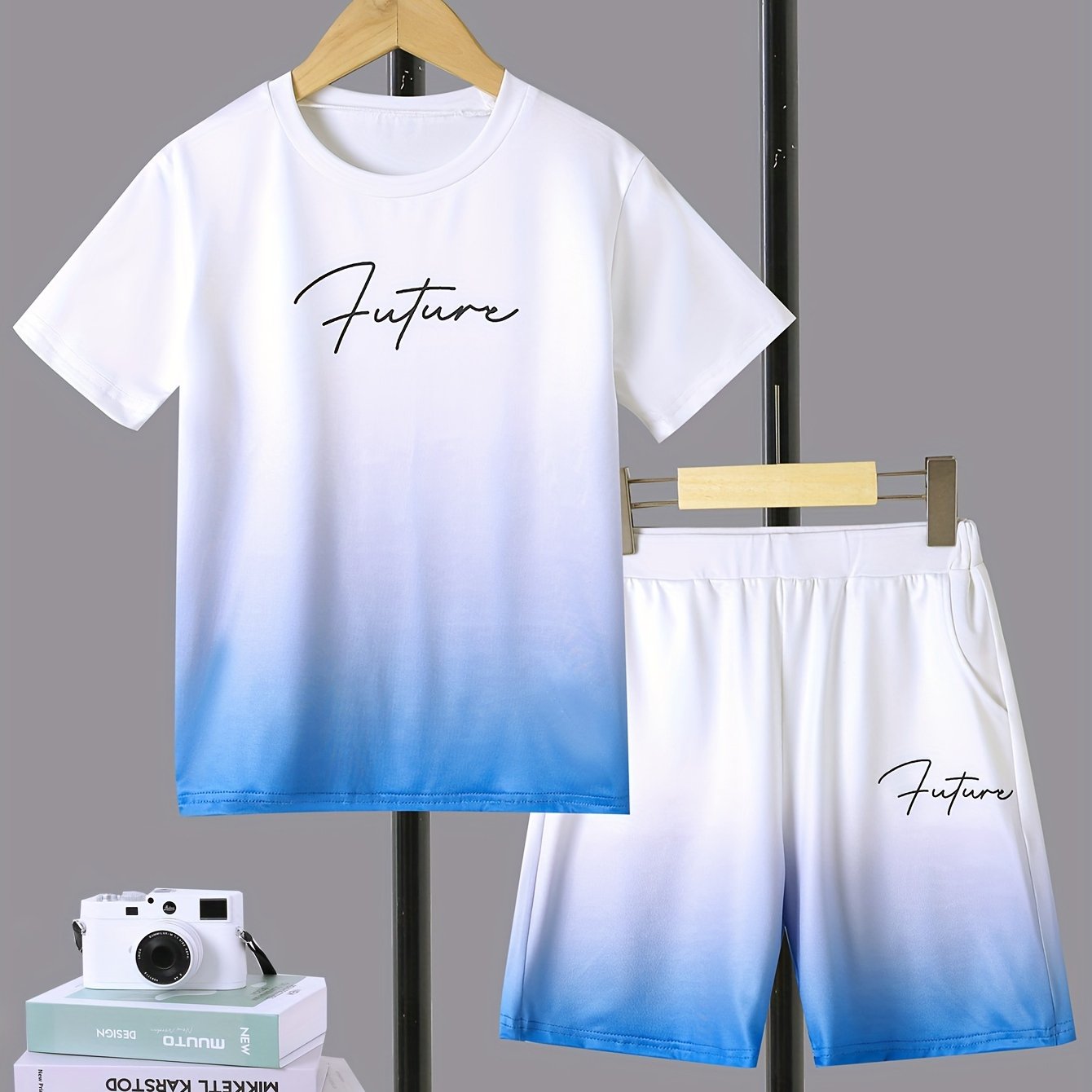 Boy's Color Gradient 2pcs, T-shirt & Shorts Set,