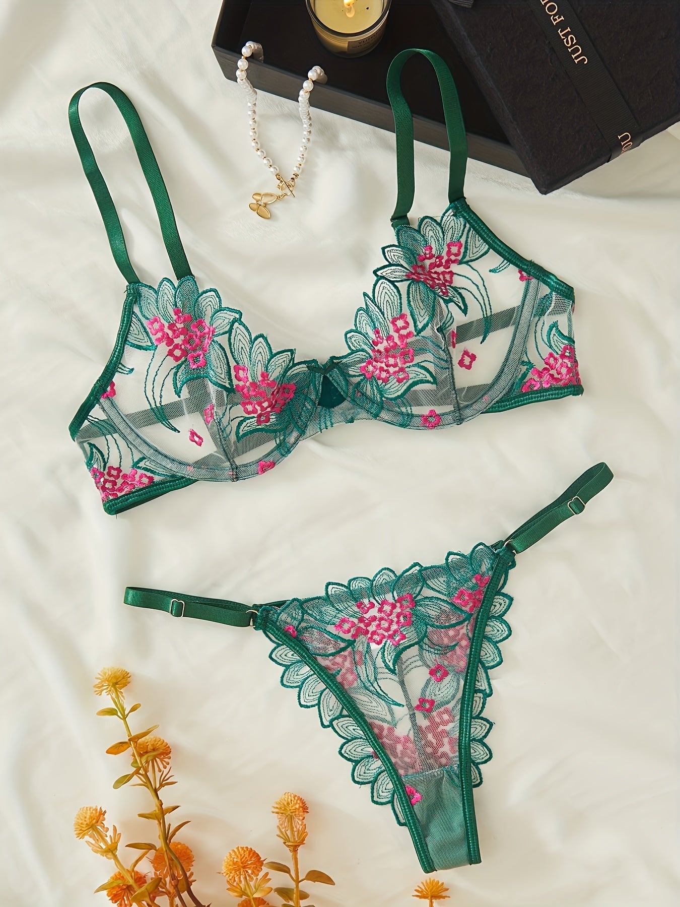 Elegant Lingerie Set, Floral Embroidery Mesh Cami Bra & Panties, /MH