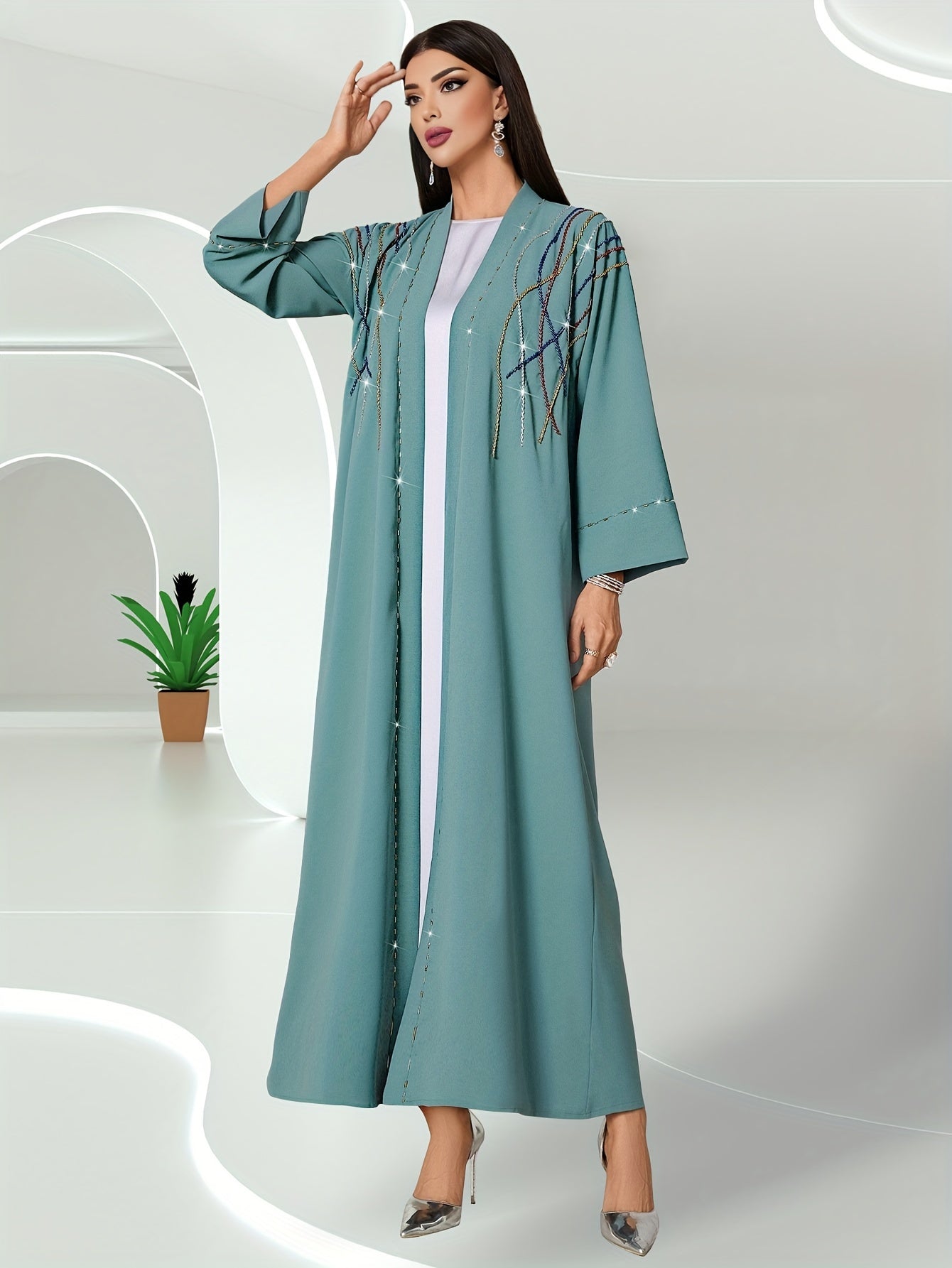 Rhinestone Open Front Kaftan, Elegant 3/4 Sleeve Outerwear'/MH