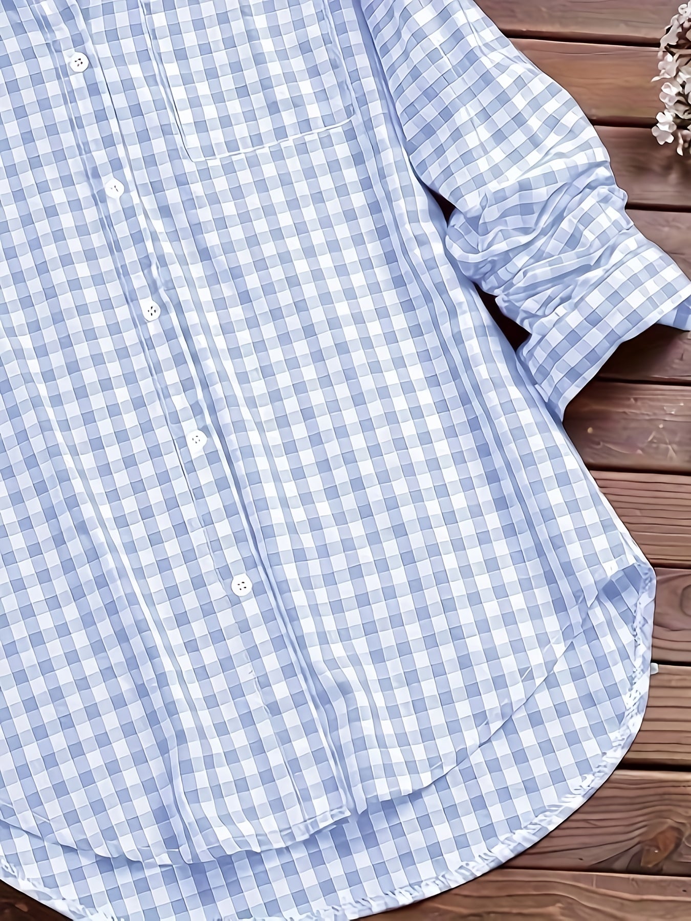 Women'S Casual Long Sleeve Gingham Check Shirt - Light Blue & White,