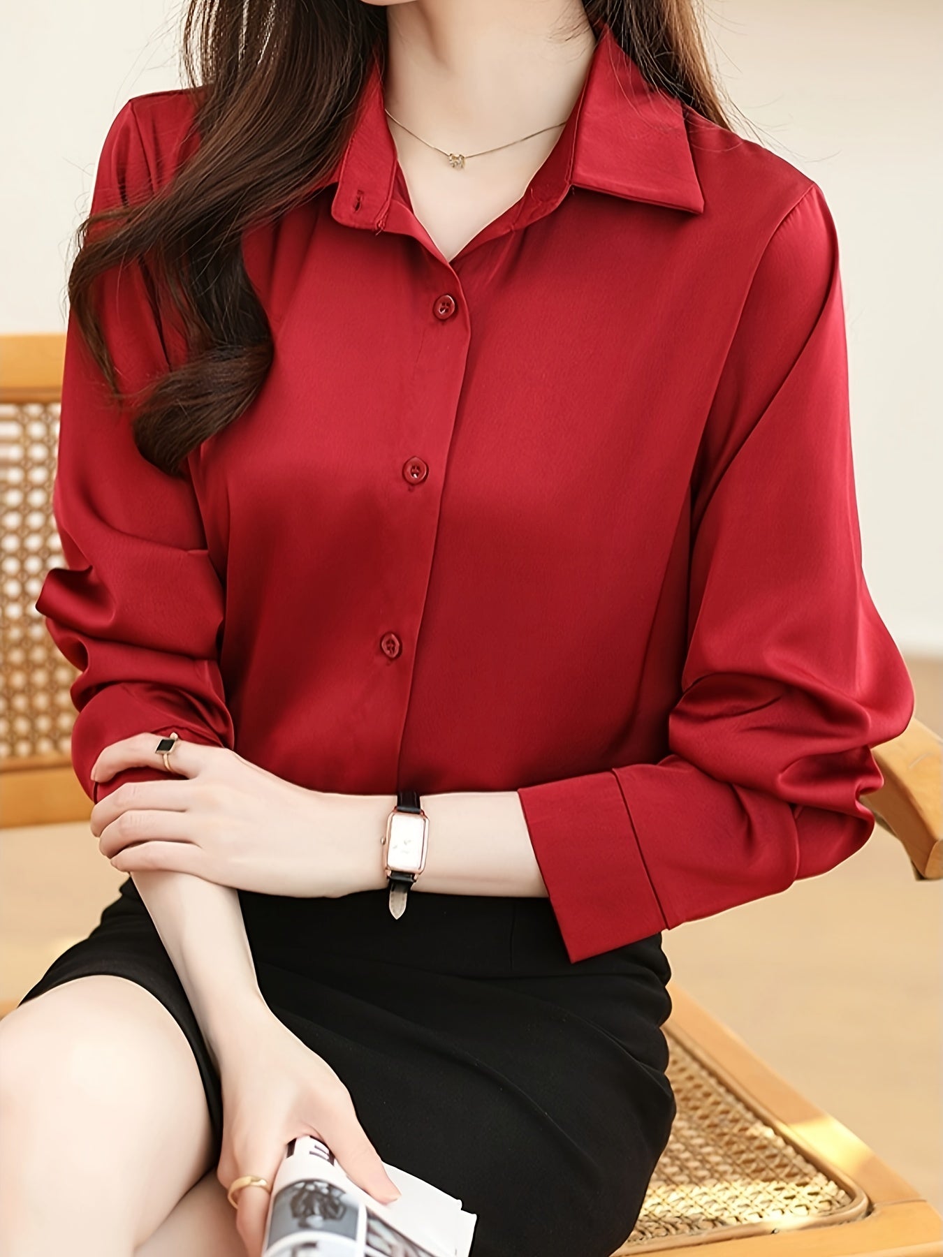 Luxury Feel Wrinkle-Resistant Satin Shirt for Women | Solid Color
