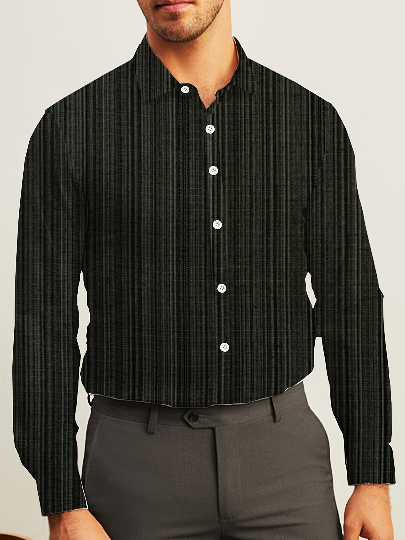 Men's Striped Lapel Collar Dress Shirts, Long Sleeve .