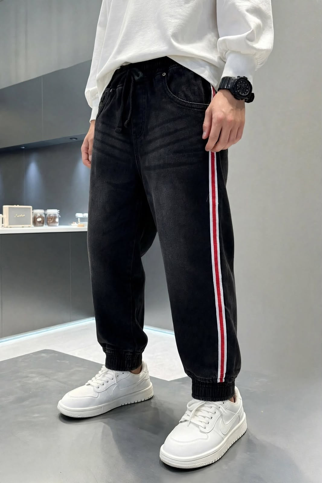 Boys' Denim Side-Stripe Jogger Pants – Soft Cotton Stretch Jeans (1–12 Years) I MH