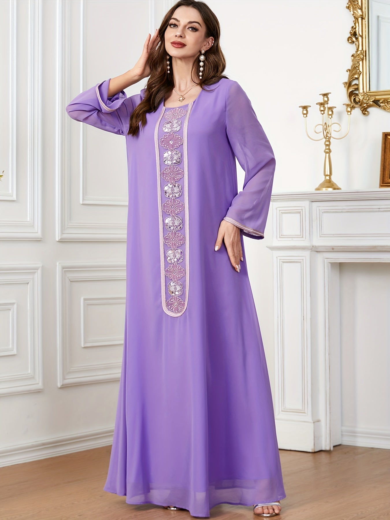 Embroidered Crew Neck Kaftan Dress, Elegant Long Sleeve women fashion '/MH