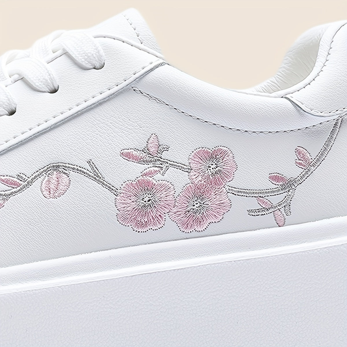 Women's White Low-Top Lace-Up Sneakers with Floral Embroidery,