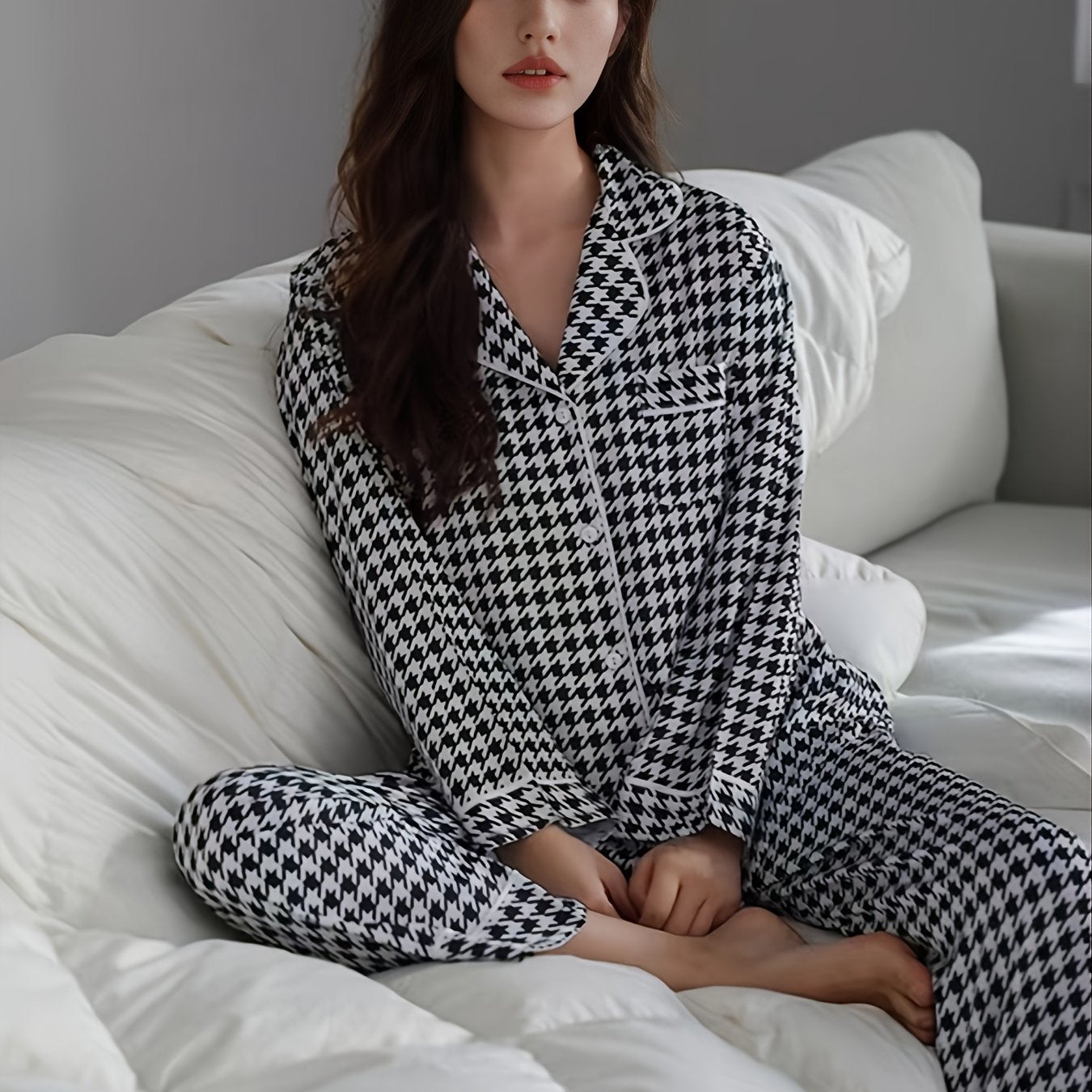 Elegant Classic Houndstooth Print Pajama Set,