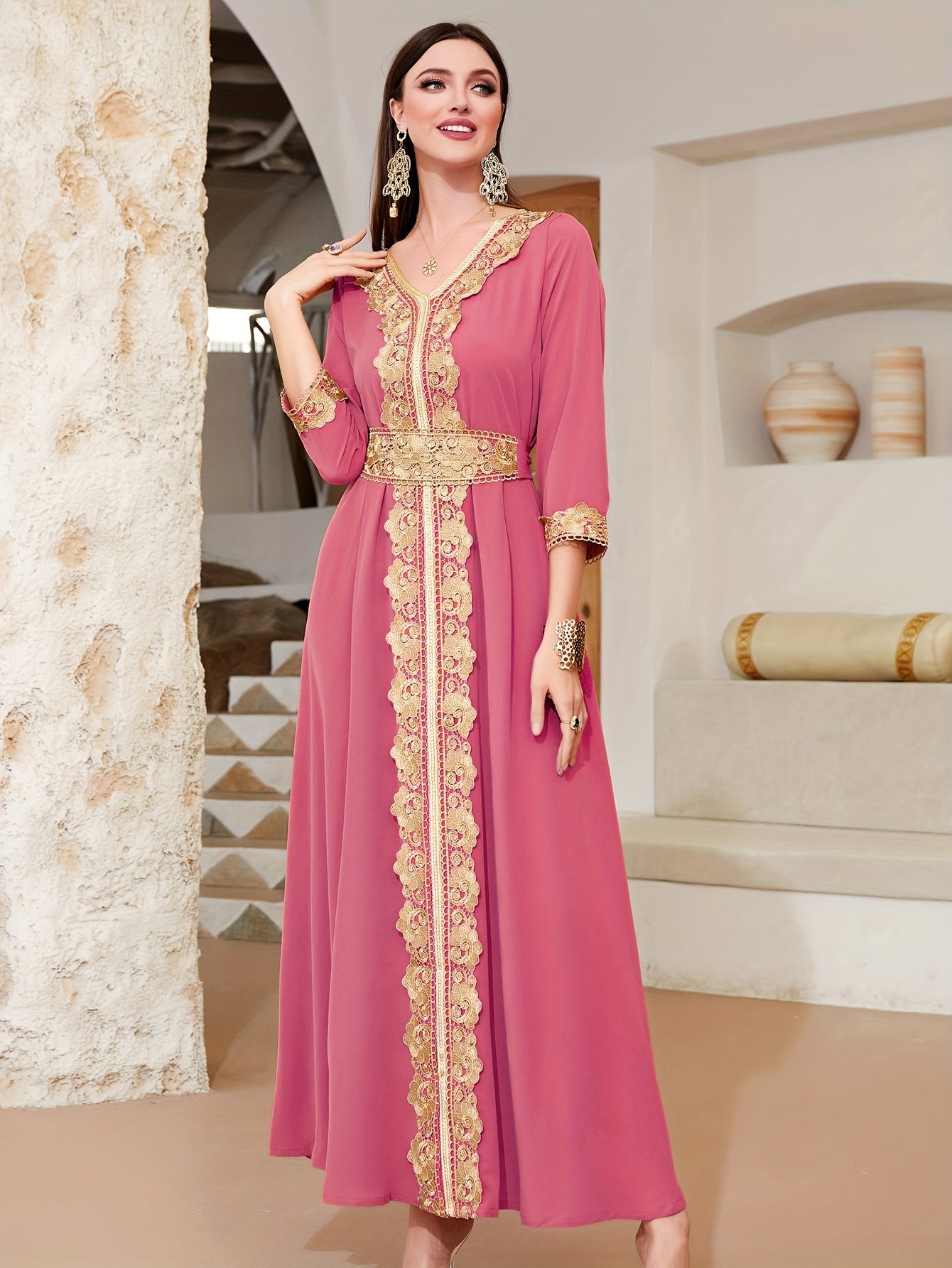 Ramadan Lace Trim V Neck Kaftan, Elegant Long Sleeve 'MH
