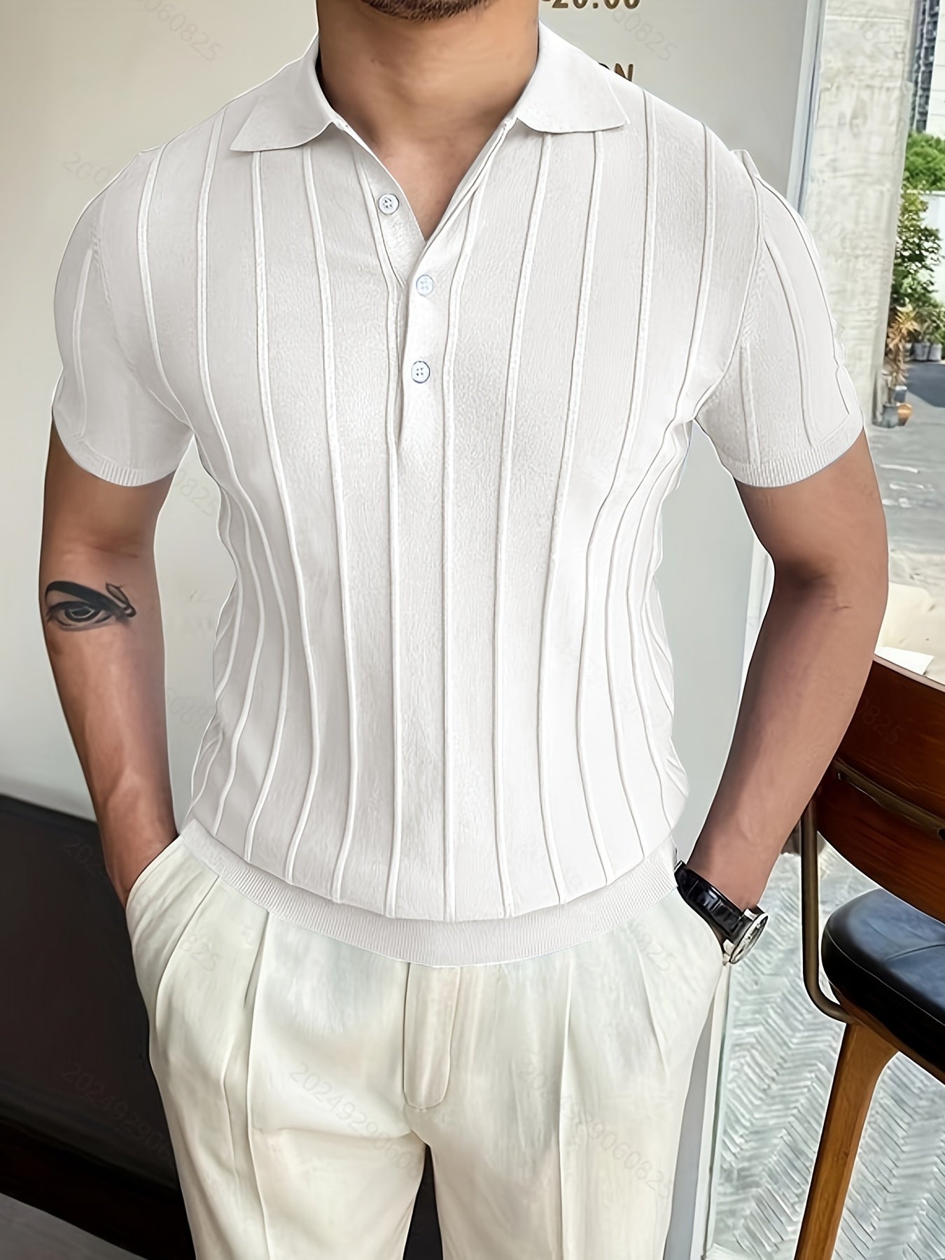 Vertical Striped Chic Shirt, Men's Casual Solid Color High Stretch .