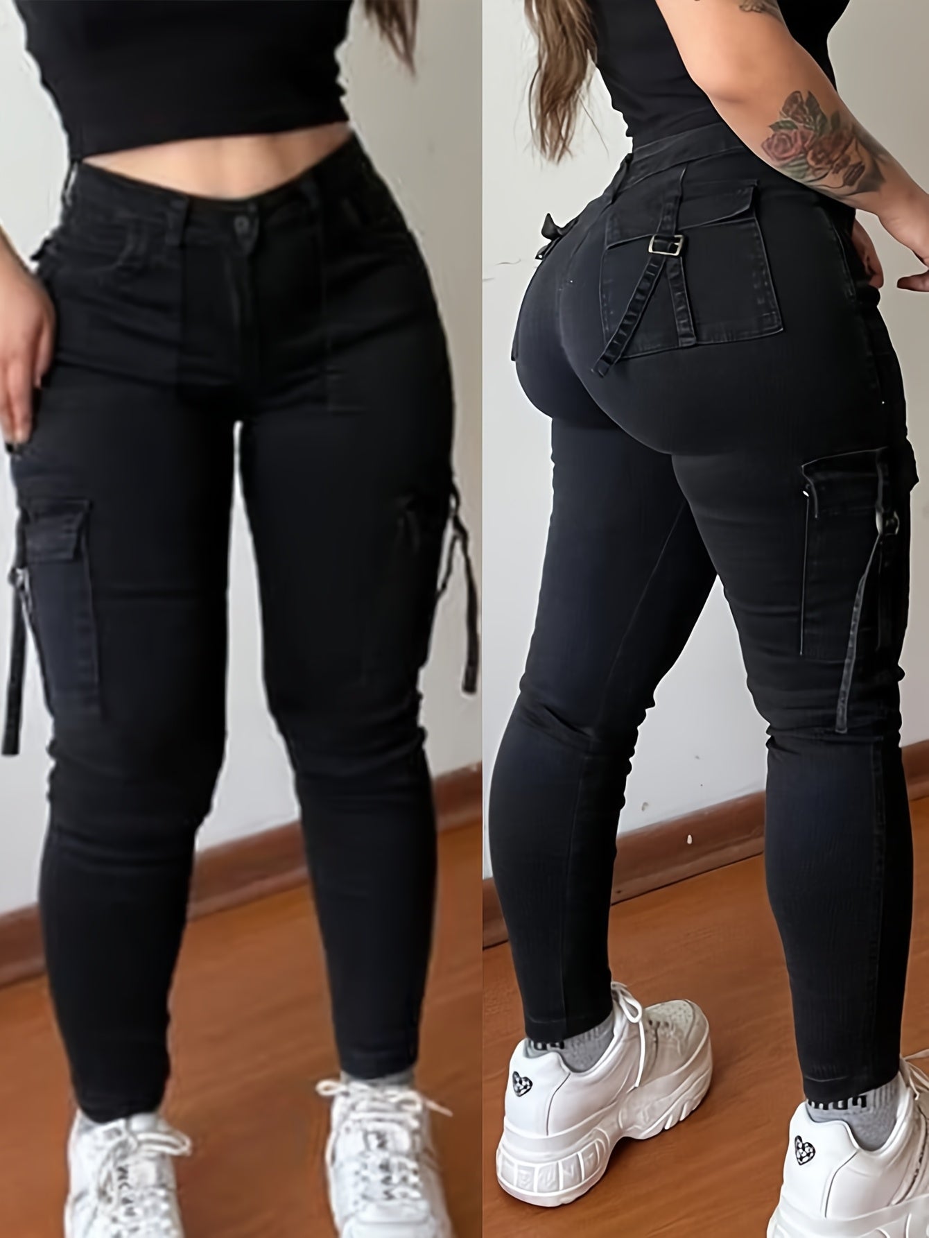 Women's High-Waist Stretchy Black Cargo Pants with Multiple Pockets -/MH