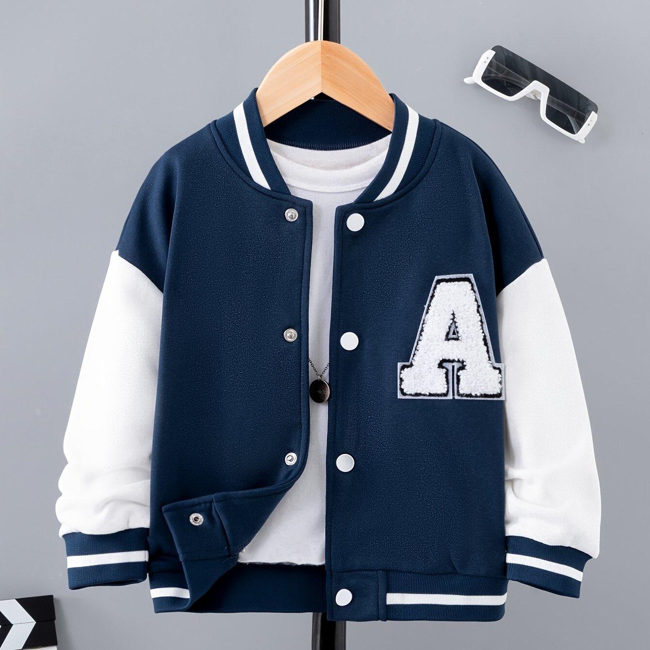 Letter Patched Kid's Baseball Jacket, Button Front Long Sleeve Top,