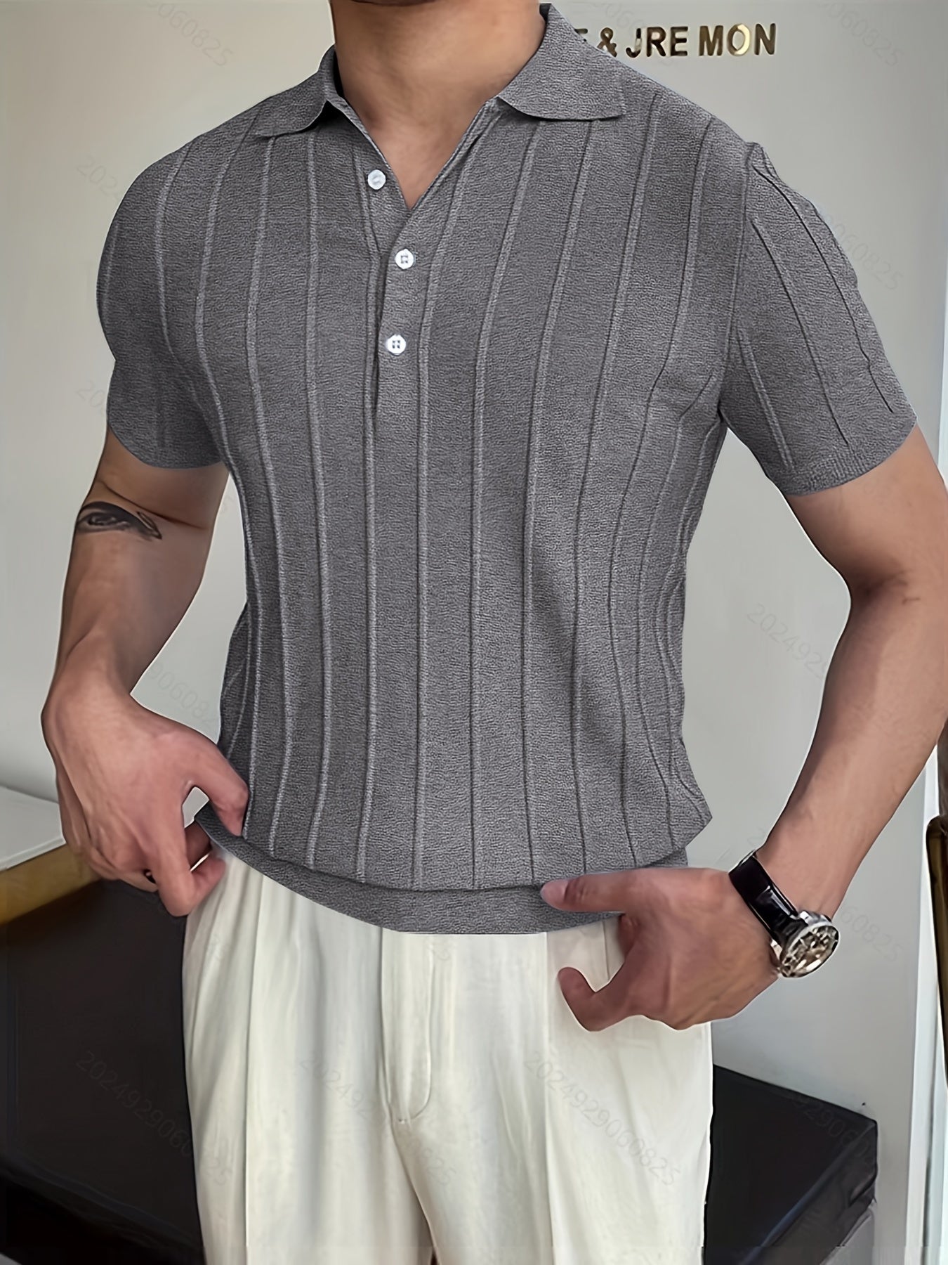 Vertical Striped Chic Shirt, Men's Casual Solid Color High Stretch .