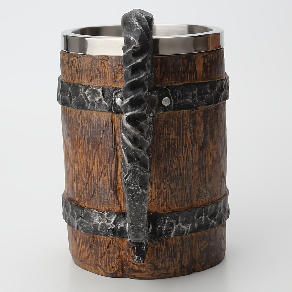 1pc Antique Viking Beer Mug - Wooden Barrel Cup with Stainless Steel Liner - Perfect Gift for Beer Lovers