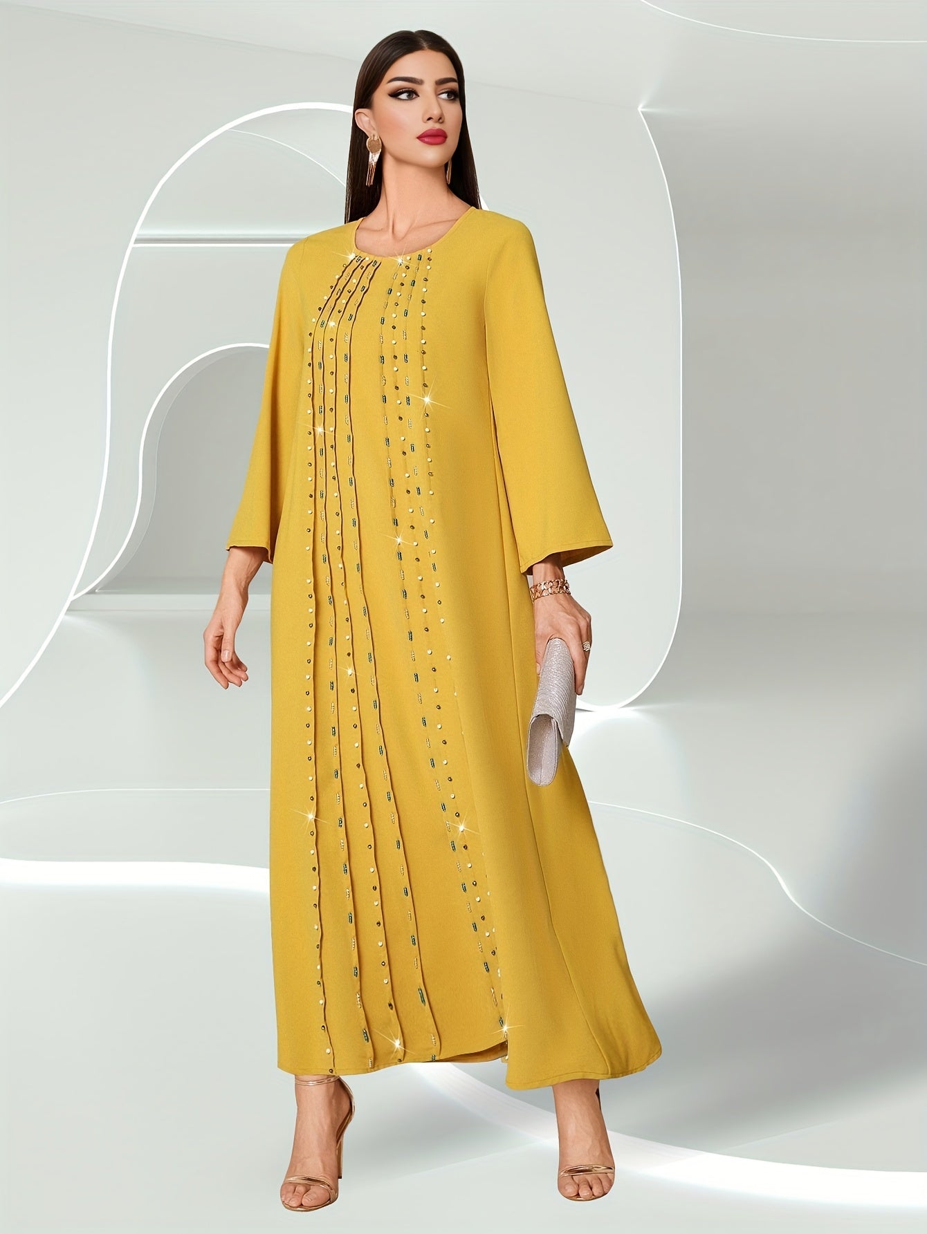 Bead Decor Crew Neck Kaftan Dress, Elegant Long Sleeve'/MH