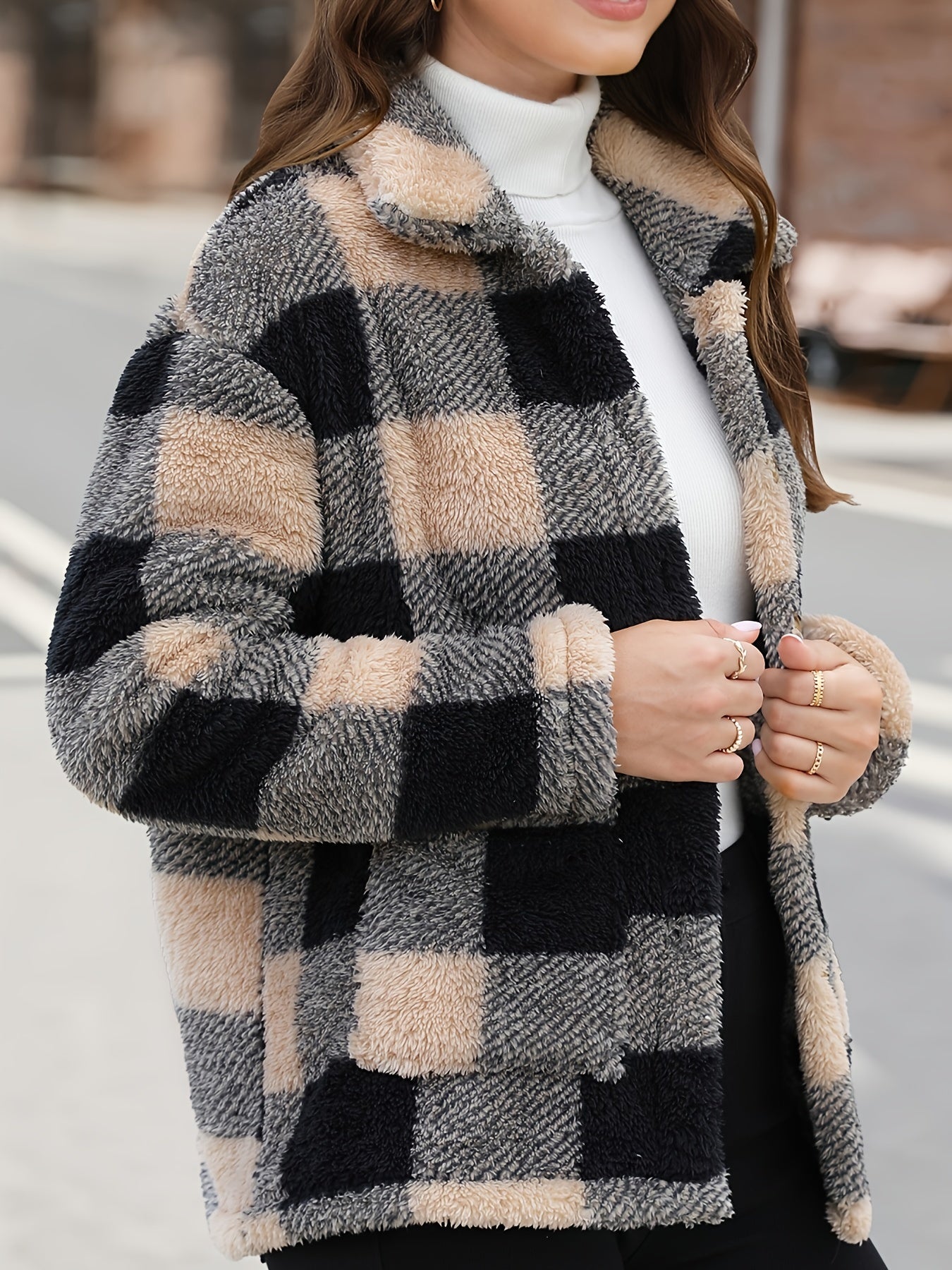 Long Sleeve Plaid Print Teddy Coat with Patched Pockets - Soft, Warm,
