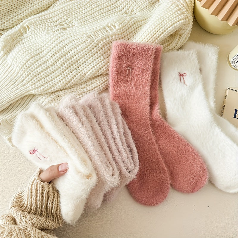 5pcs Women's Cozy Pink Bowknot Plush Socks - /MH