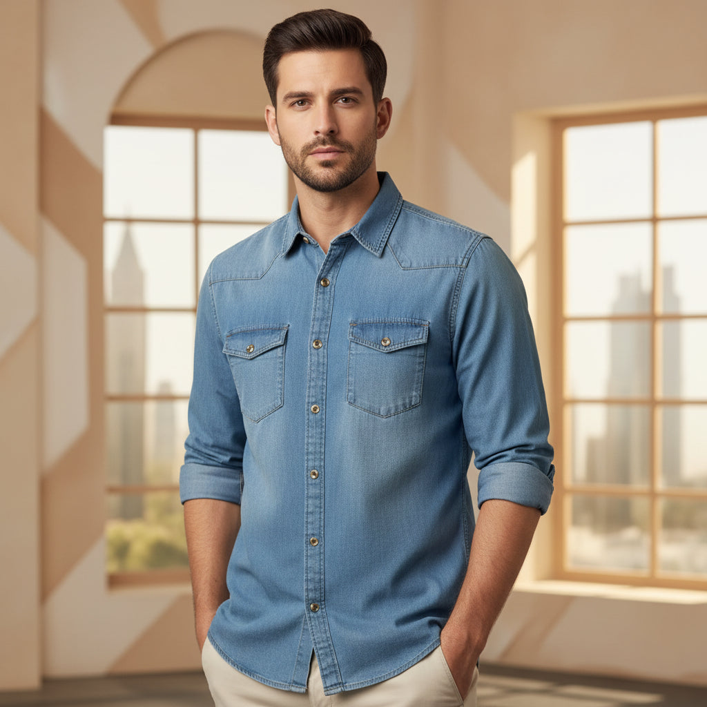 Men’s Blue Denim Button-Up Shirt Long Sleeve Relaxed Fit | Sizes S-XL | MH
