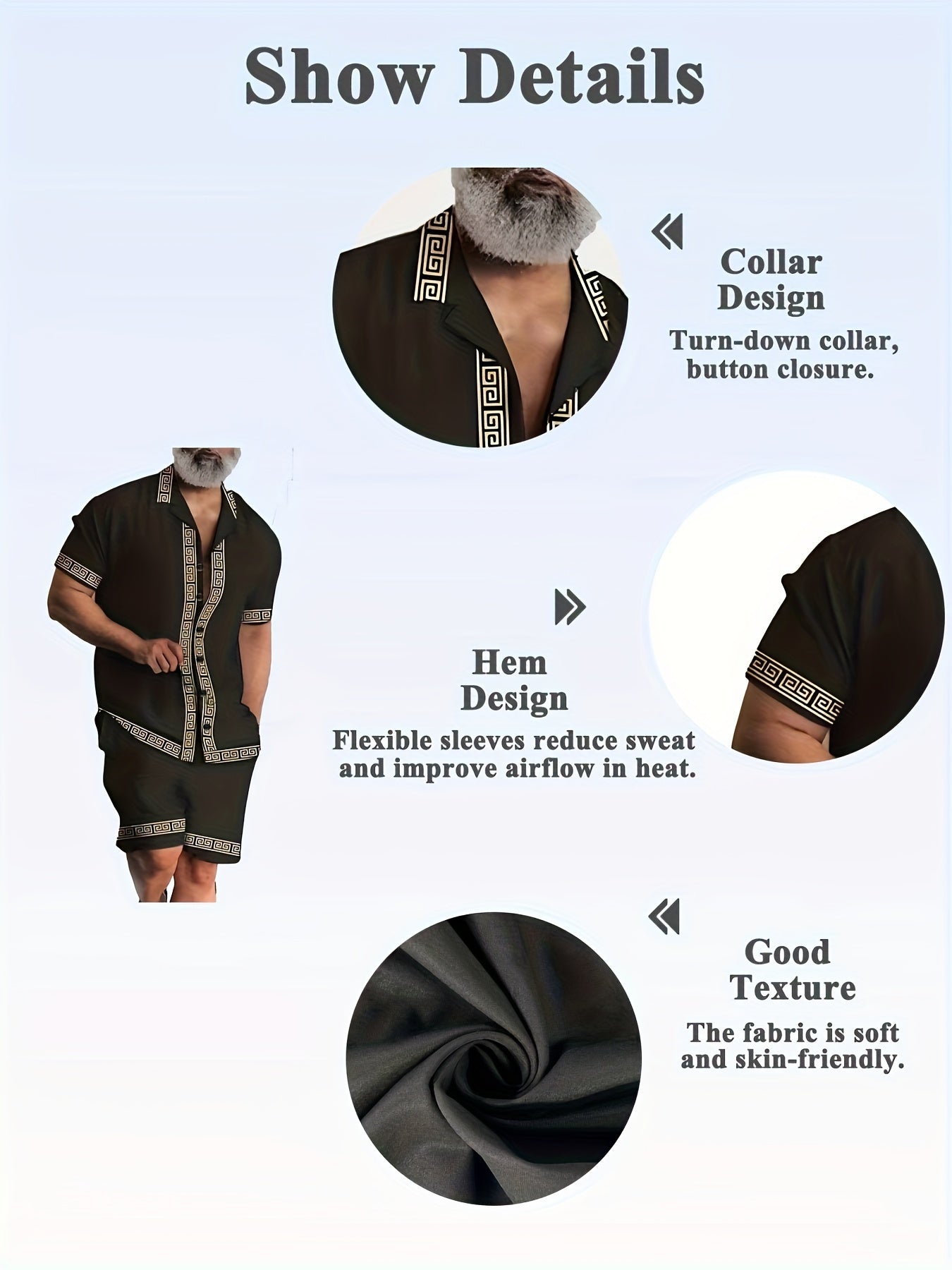 Elegant Men's 2Pcs Outfits, Casual Lapel Button Up Short Sleeve.