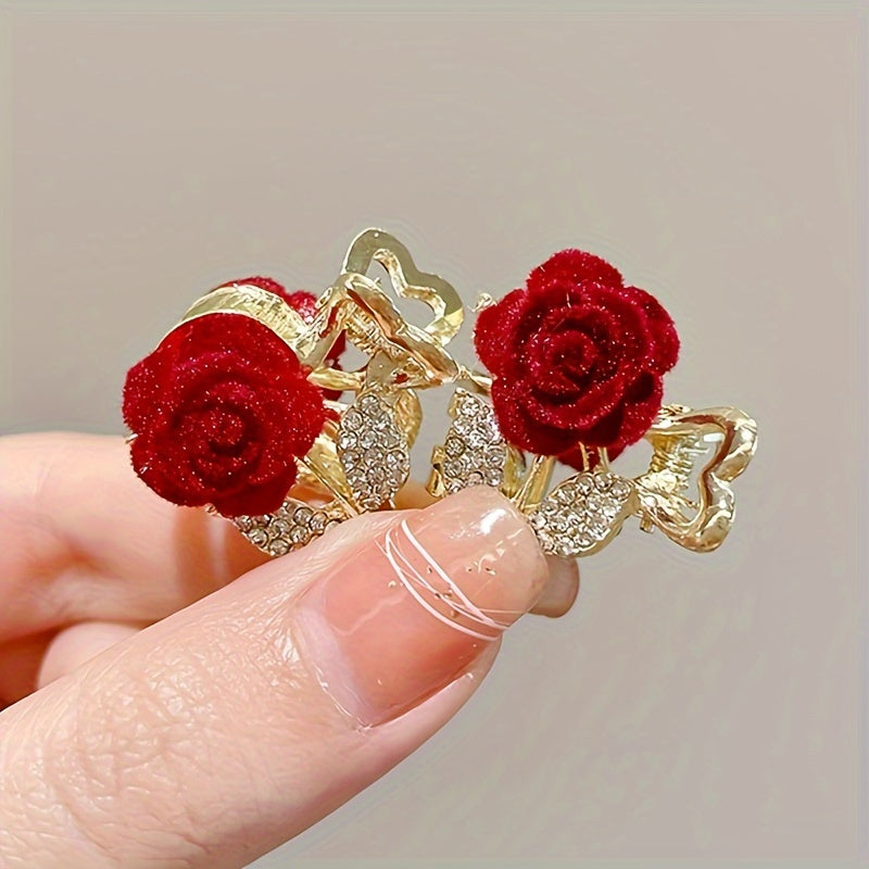 2pcs Elegant Sparkling Rhinestone Rose Flower Decorative Hair Grab Clips Vintage Hair Barrettes For Women And daily use Wear