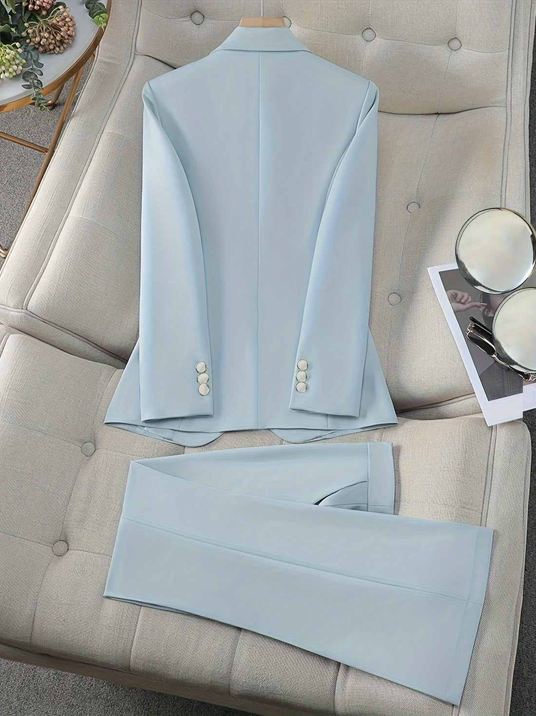Elegant Solid Two Piece Set, Double-Breasted Label Neck Blazer.