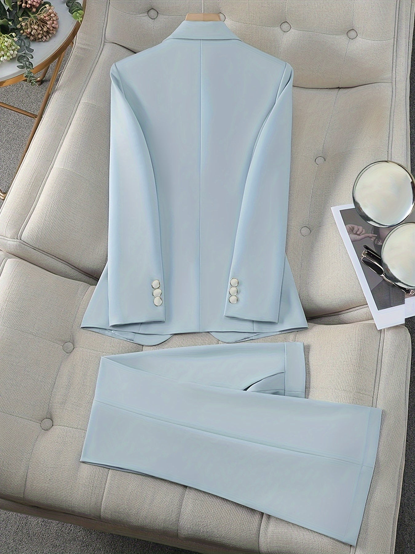 Elegant Solid Two Piece Set, Double-Breasted Label Neck Blazer.