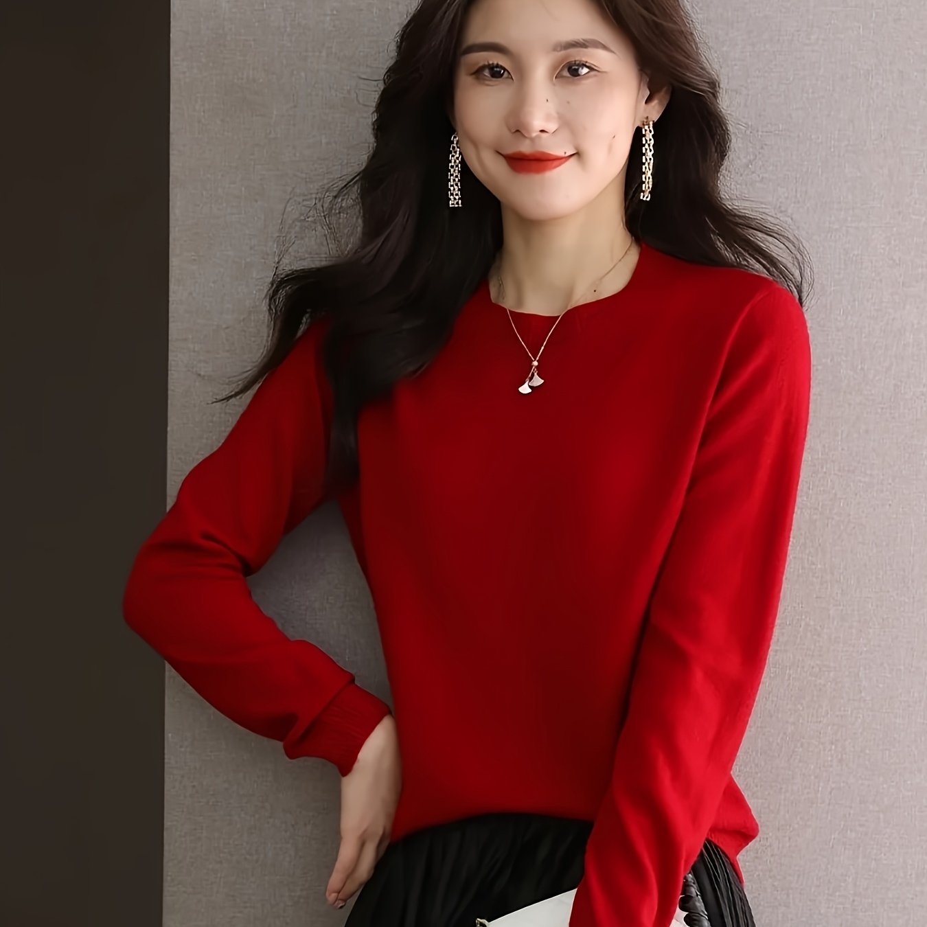 1pc Women'S 100% Wool Crew Neck Long Sleeve Knit Sweater,