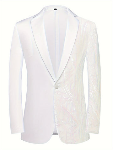 Shiny Sequins Blazer, Men's Semi-formal One Button Lapel Suit Jacket .