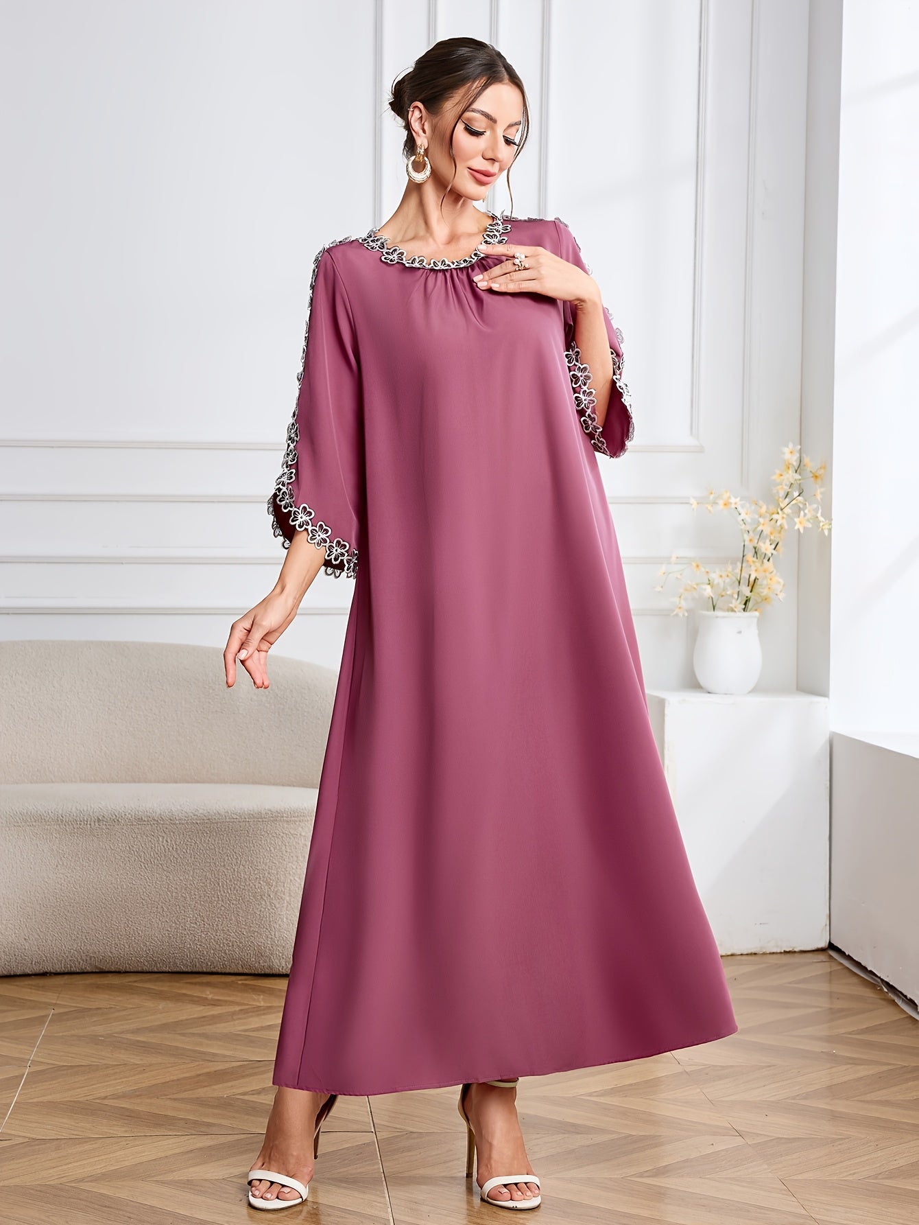 Elegant Long Sleeve Embroidered Kaftan Dress - Round Neck, women fashion'/MH