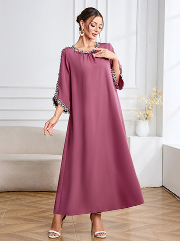 Elegant Long Sleeve Embroidered Kaftan Dress - Round Neck, women fashion'/MH
