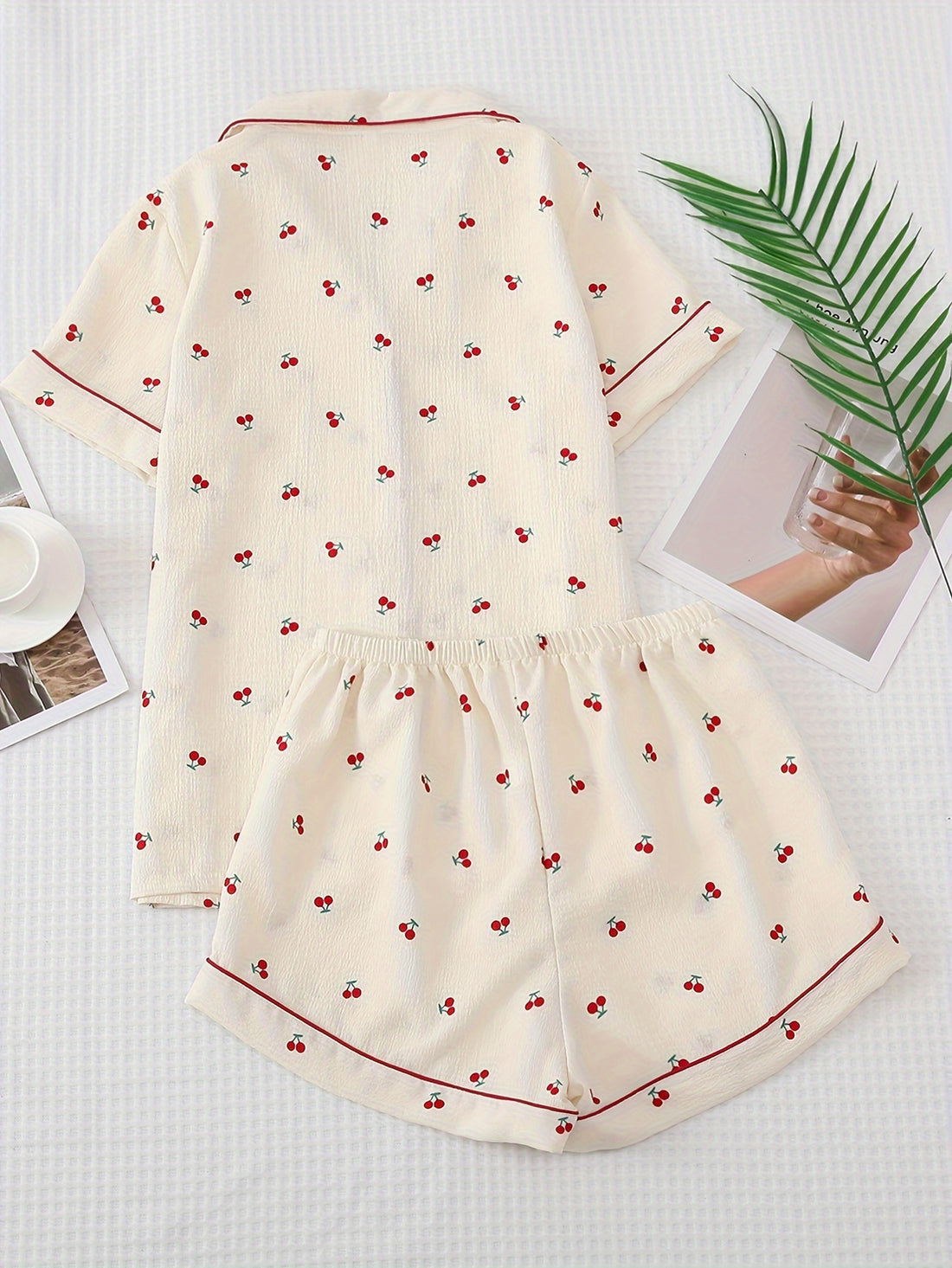 Cherry Print Pajama Set, Sweet & Cute Lapel Buttons Top And Bow Shorts, Women's Sleepwear & Loungewear