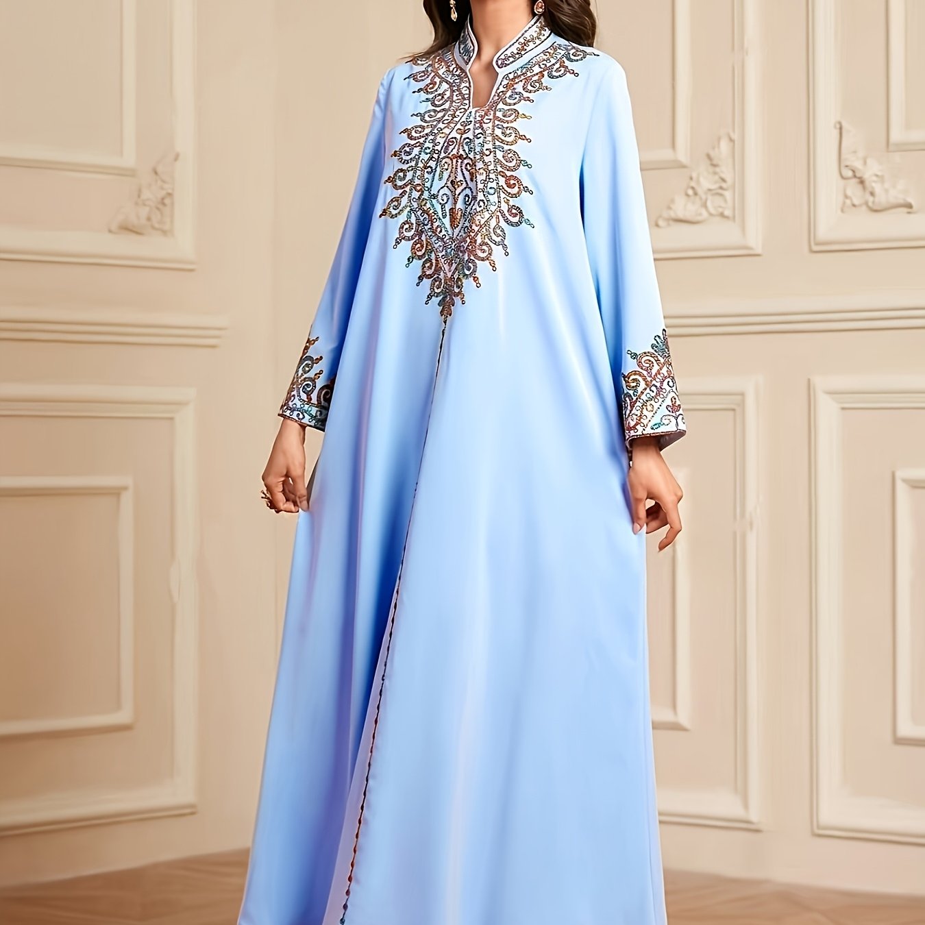 Elegant Light Blue Abaya with Intricate Floral Patterns - Long Sleeve, V-Neck, /MH