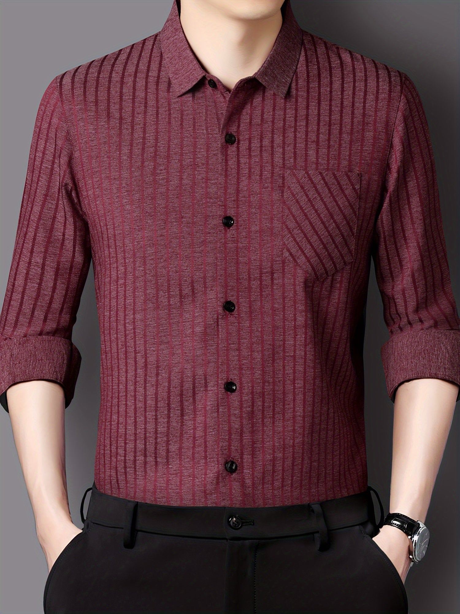 Men's Striped Lapel Collar Design Dress Shirts, Long Sleeve.