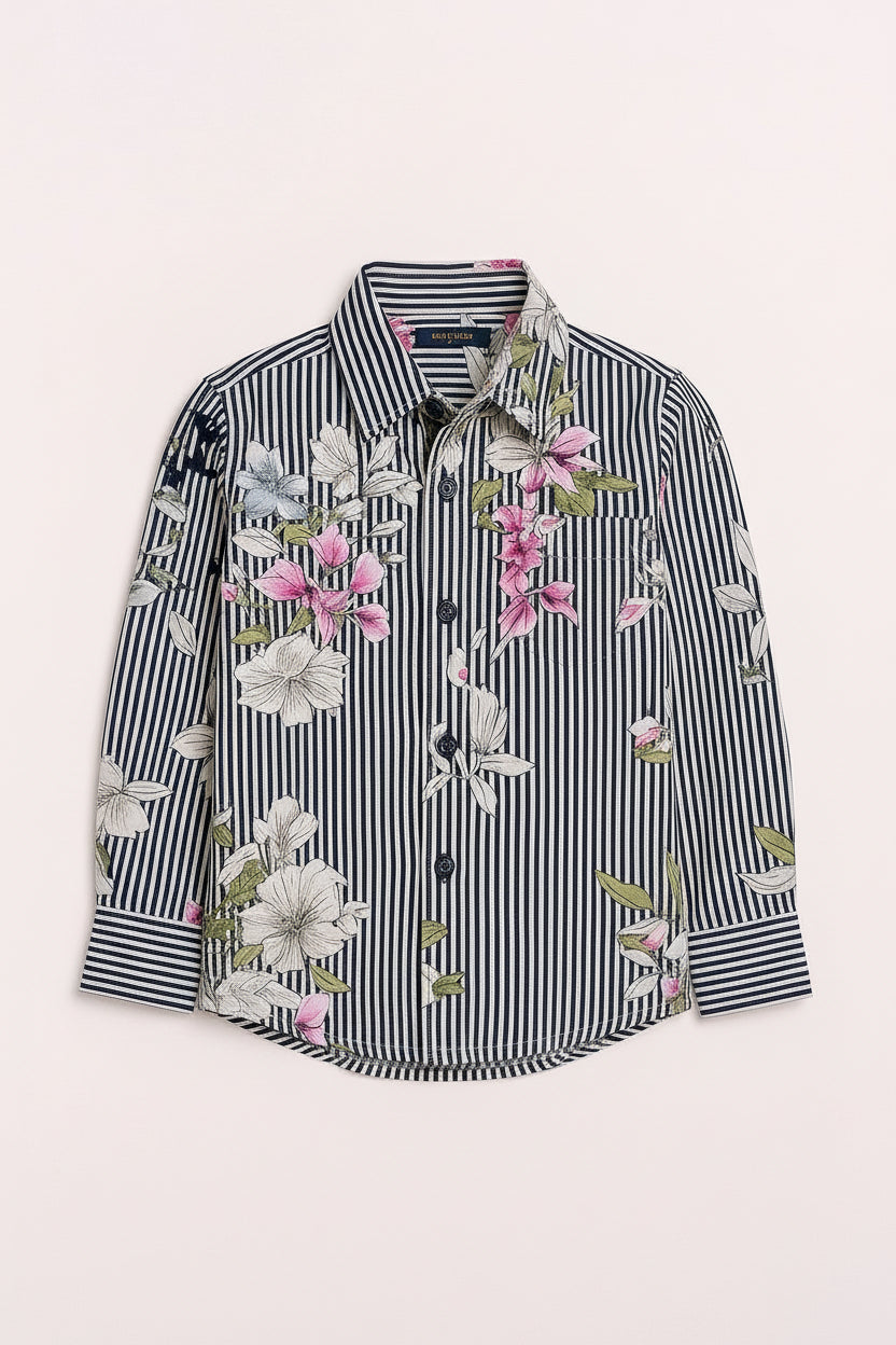 Boys Long Sleeve Floral Shirt Navy Pink Flowers Button Up Casual | Sizes 1-12Years | MH