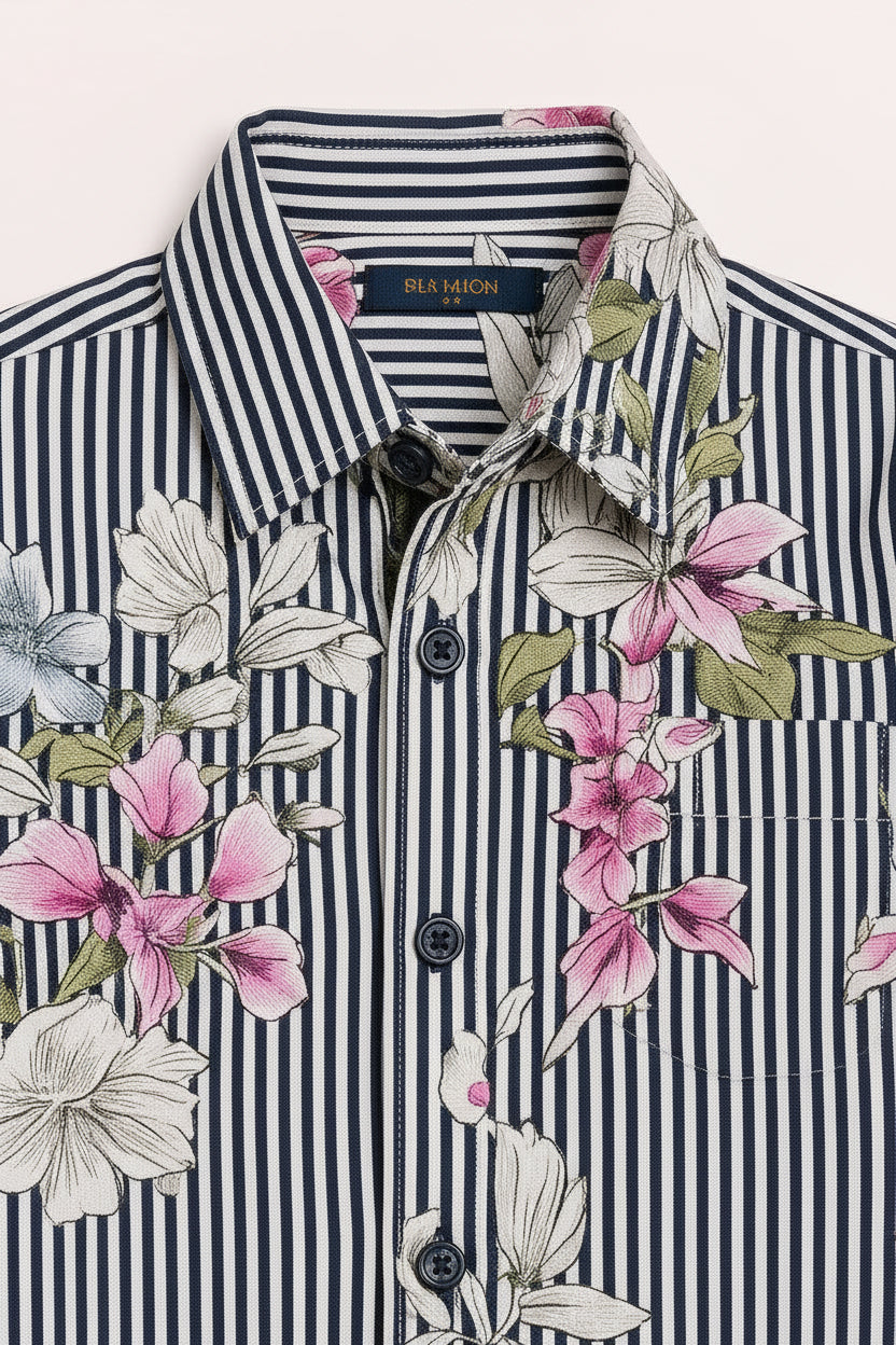 Boys Long Sleeve Floral Shirt Navy Pink Flowers Button Up Casual | Sizes 1-12Years | MH