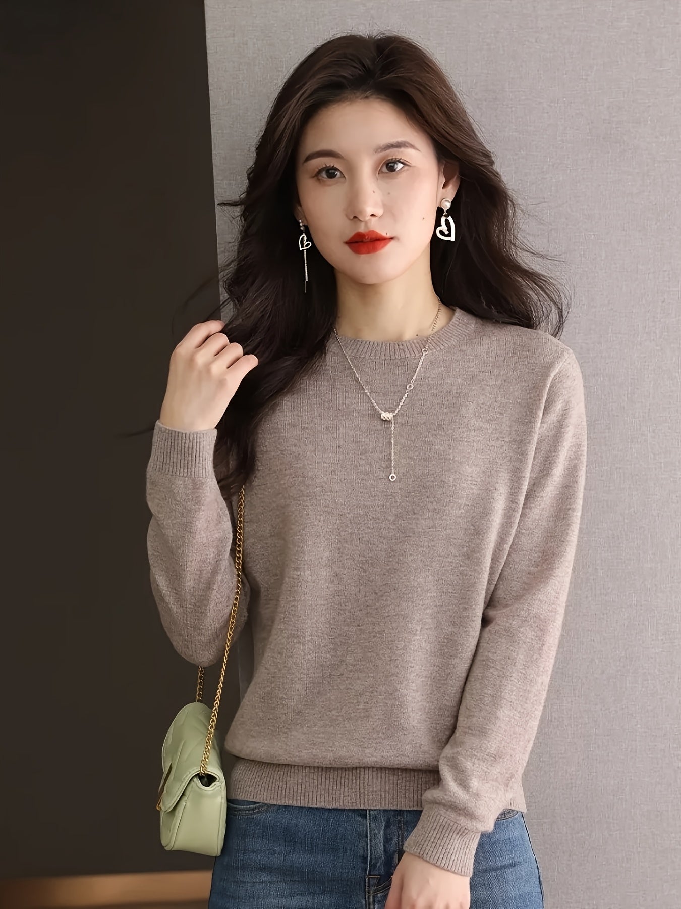 1pc Women'S 100% Wool Crew Neck Long Sleeve Knit Sweater,
