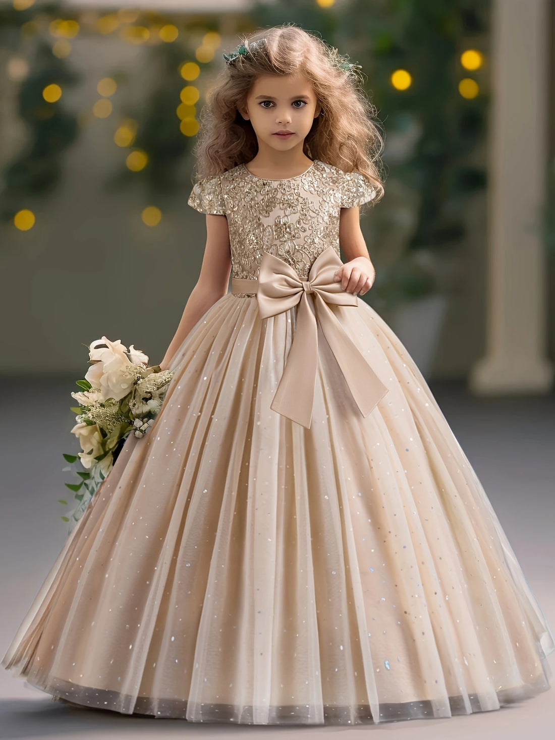 Girls Vintage Lace Embroidered Gown, Kids Tulle Puffy Dress,