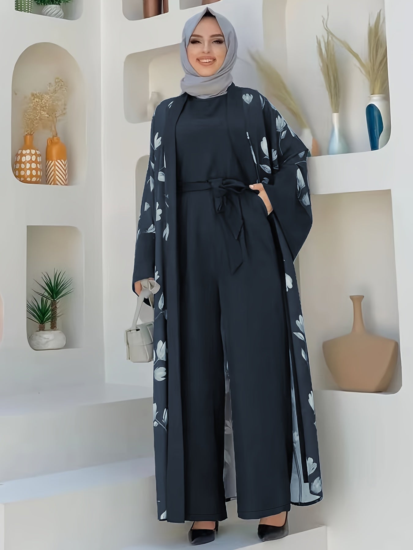 Ethnic Modest Dress Set Without Hijab, Floral Print Long Length leeveless , /MH