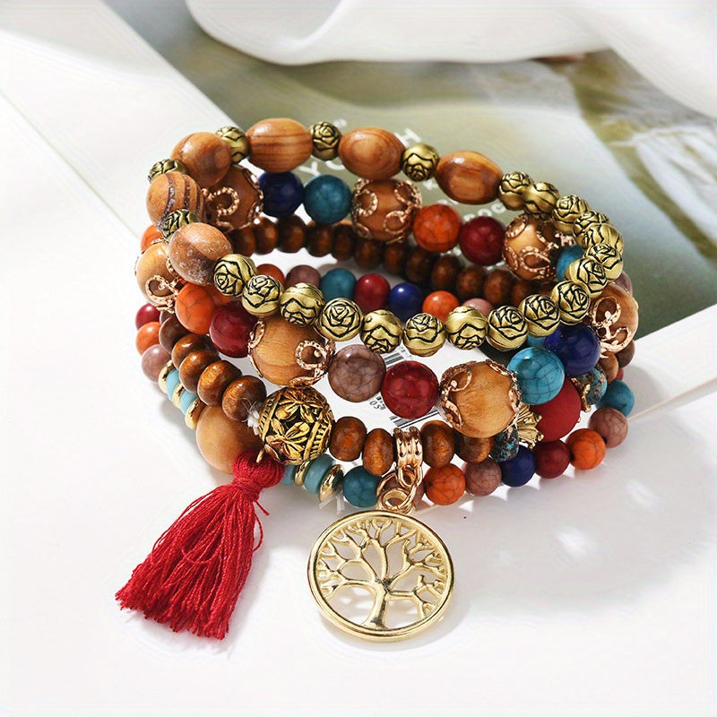 4pcs/set Tree Of Life Pendant Multilayer Beaded Bracelet Round Bead Wooden Bead Bracelet Bohemian Ethnic Jewelry Accessories Handmade -A Stylish Accessory, Father's Day Gift