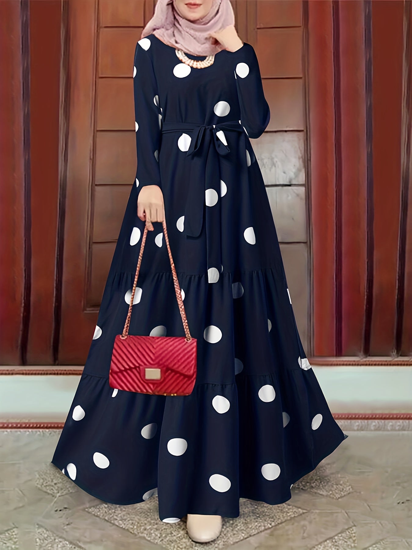 Polka Dot Print Kaftan Dress, Casual Long Sleeve 'MH
