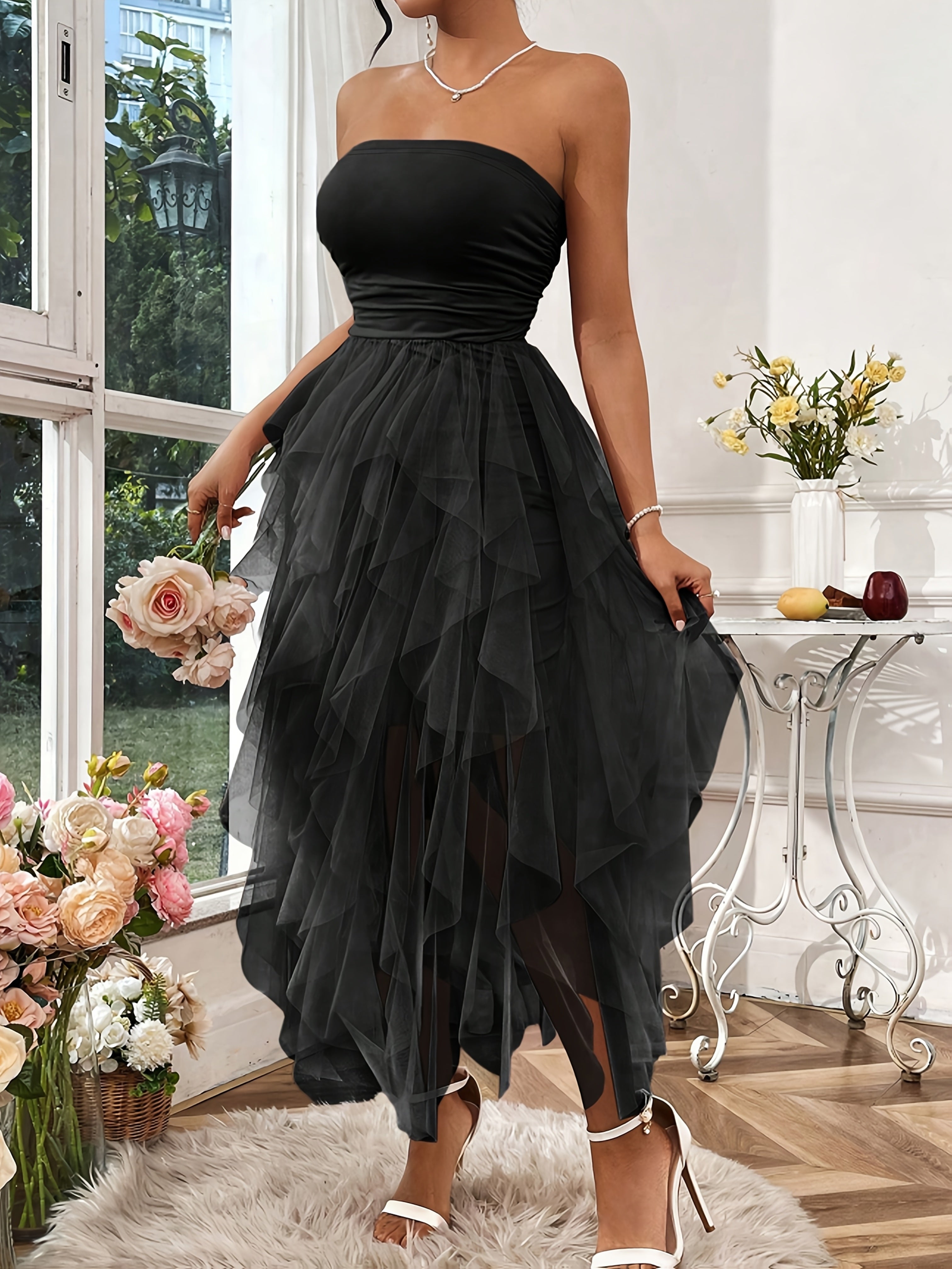 Women's Strapless Black Tulle & Lace Mermaid Dress -/MH
