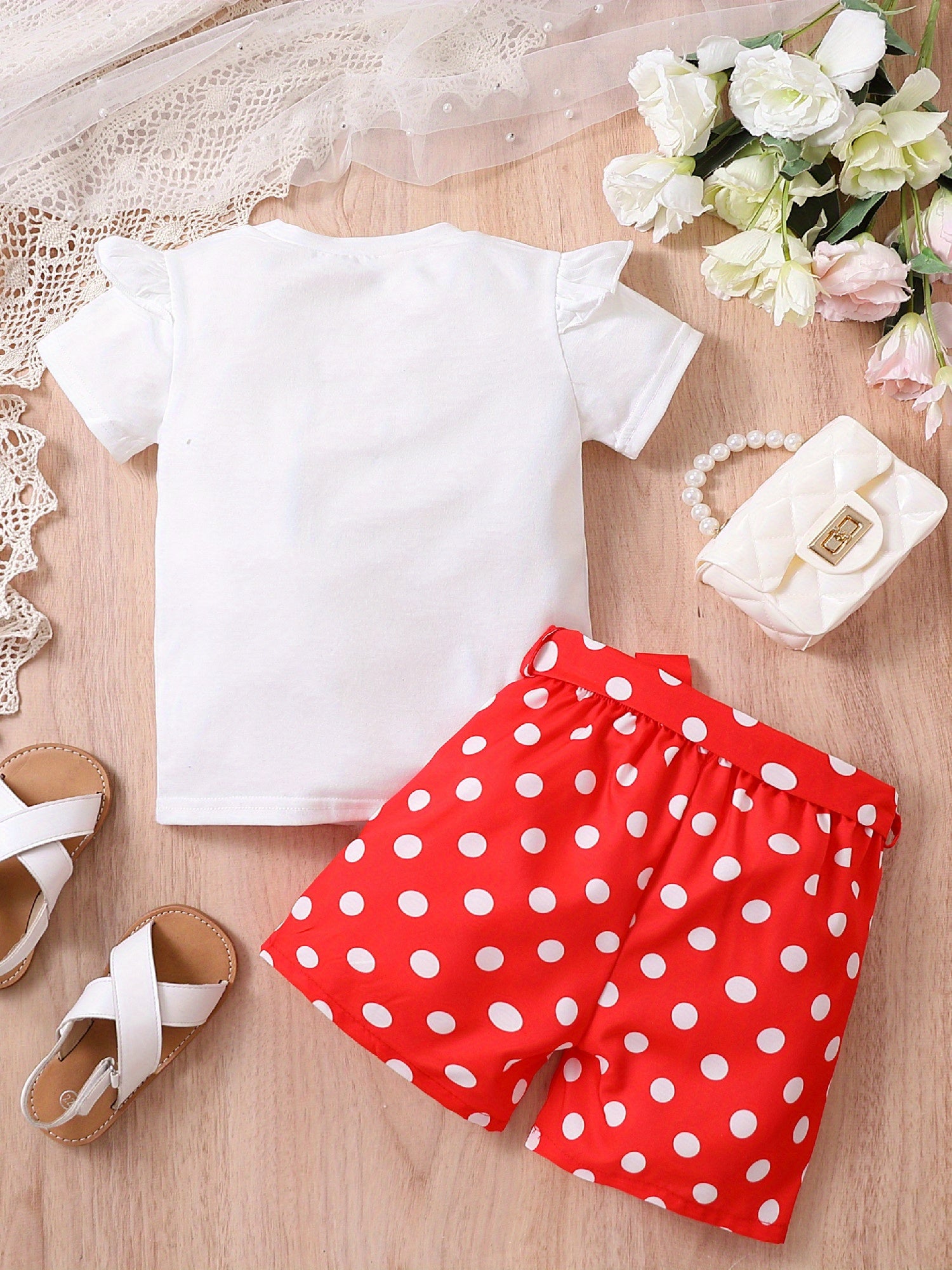 2pcs Toddler Girls Bow Figure Graphic Ruffle Trim T-Shirt