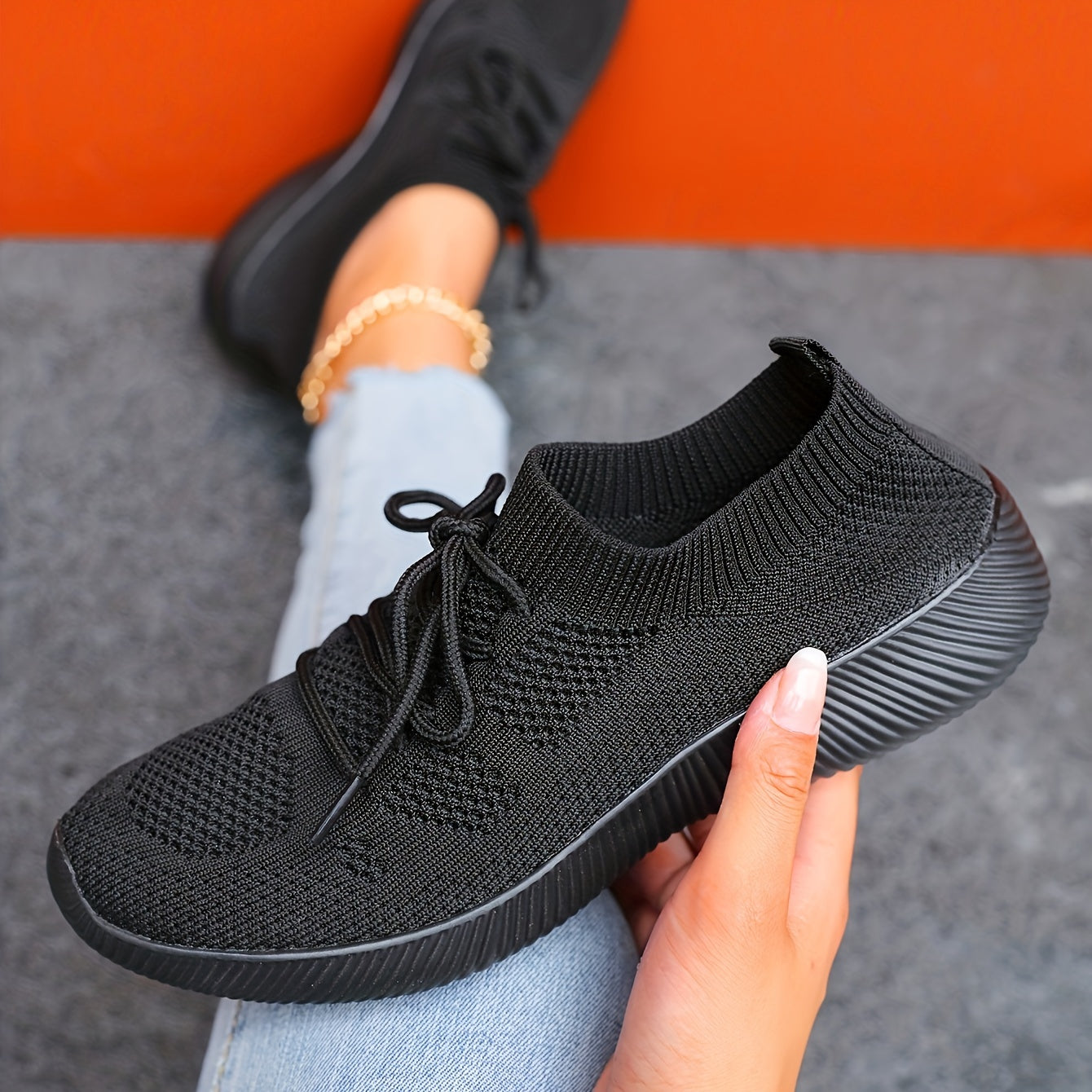 Women's Knit Athletic Shoes, Breathable Lace Up Low Top Running Trainers, Casual Gym Fitness Sneakers