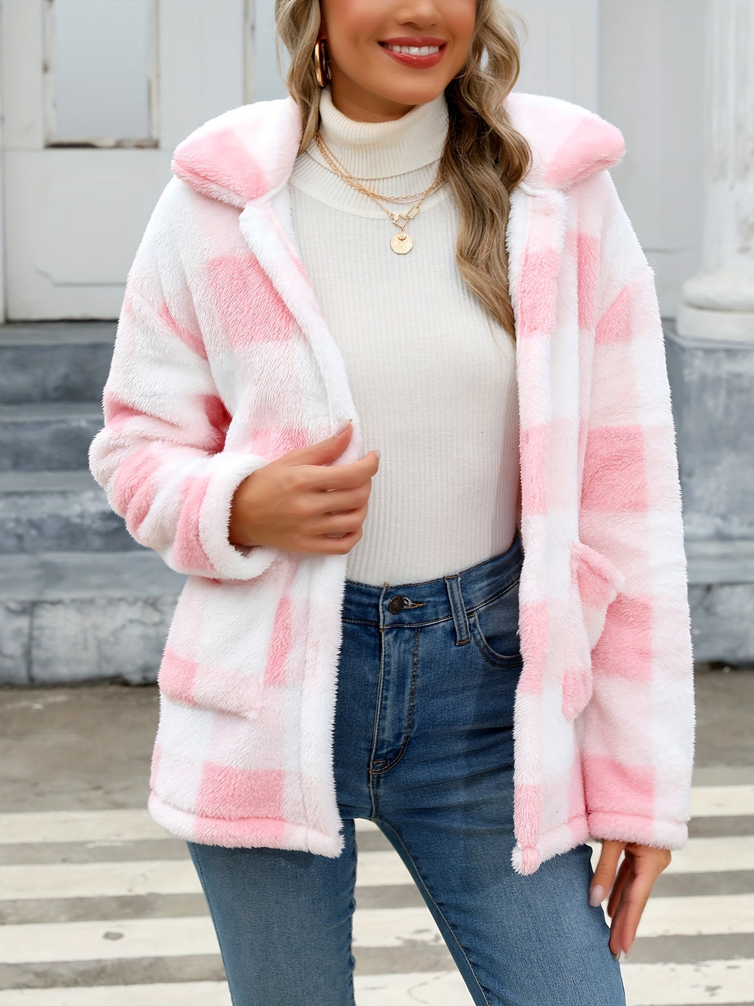 Long Sleeve Plaid Print Teddy Coat with Patched Pockets - Soft, Warm,