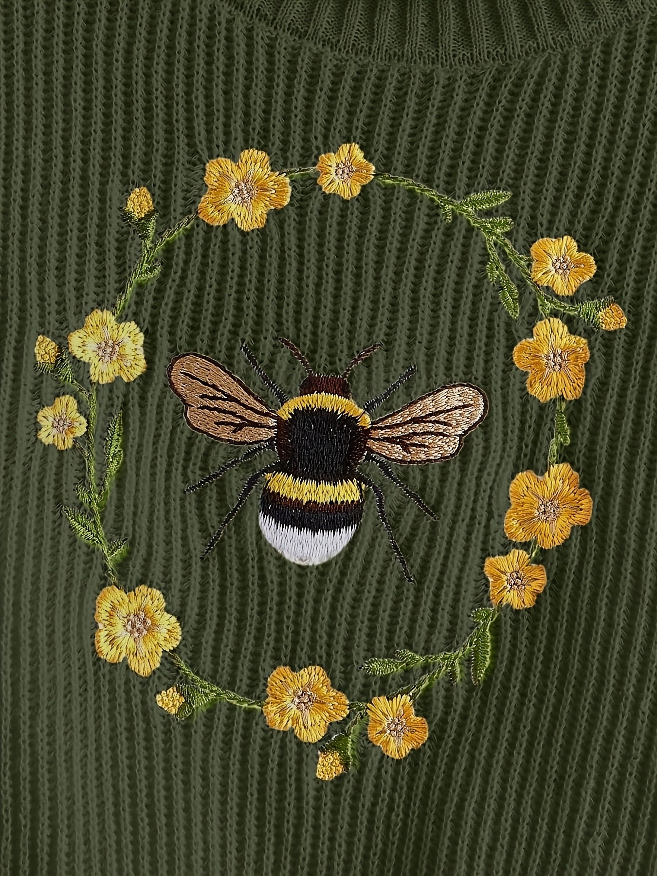 Women's Embroidered Bee and Floral Lantern Sleeve Sweater.
