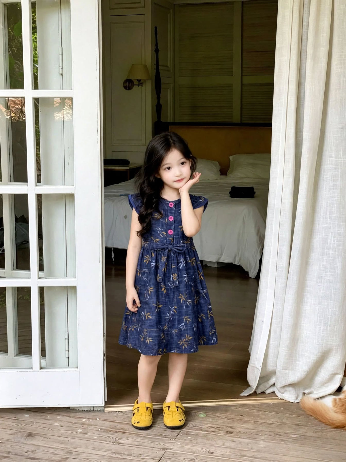 Girls Flower Printed Blue Denim Button-Down Tunic (2–12 Years)