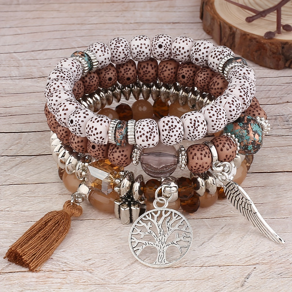 4pcs/set Bohemian Hand String, Tree Of Life Feather Wings Pendant Bracelet, Tassel Couple Handmade Unisex Bracelet, Father's Day Gift