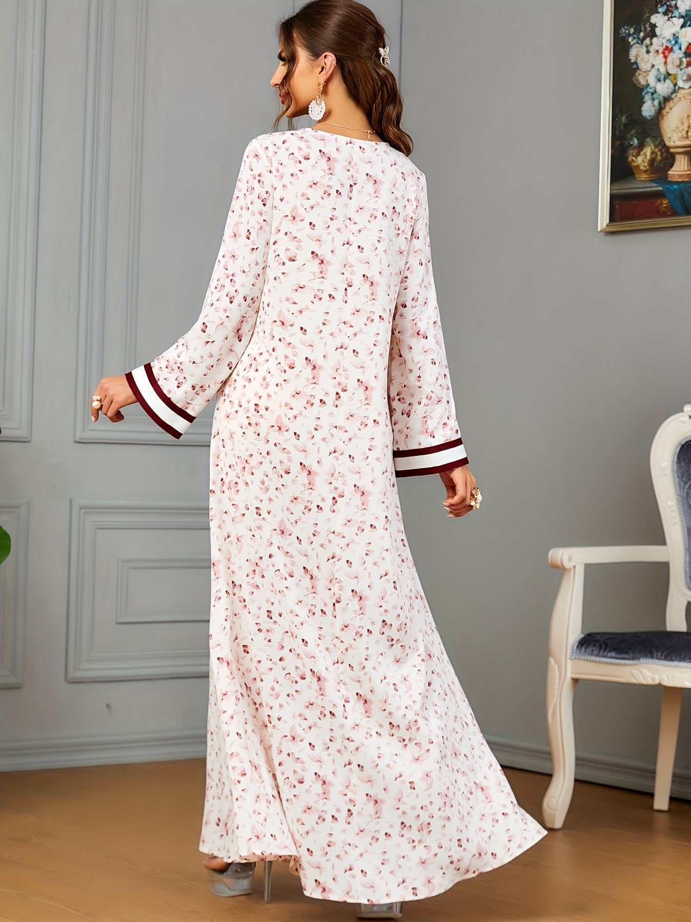 Floral Print Notch Neck Kaftan, Elegant Long Sleeve Maxi women fashion ;/MH