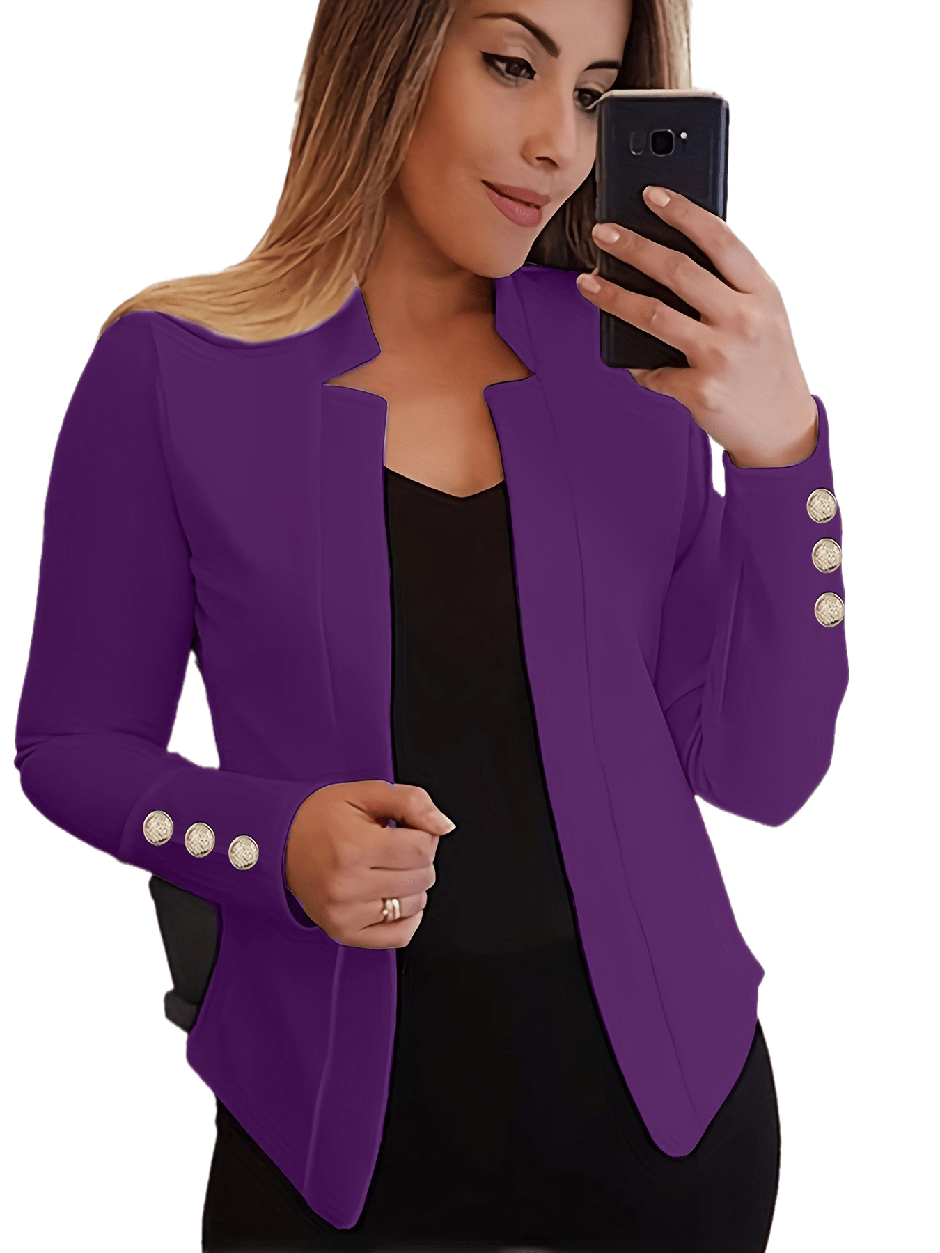 Solid Open Front Button Decor Blazer, Elegant Long Sleeve Blazer.