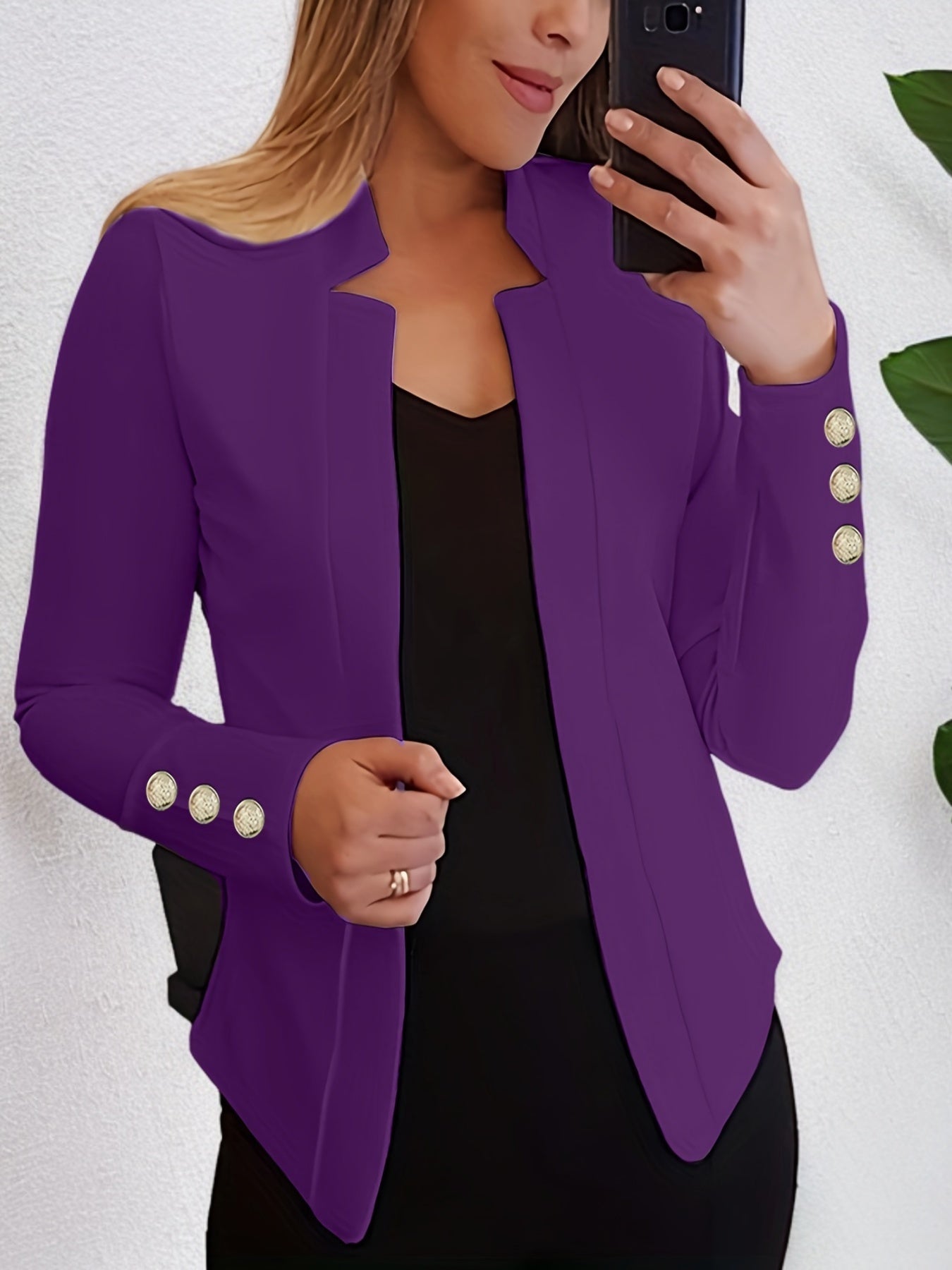 Solid Open Front Button Decor Blazer, Elegant Long Sleeve Blazer.