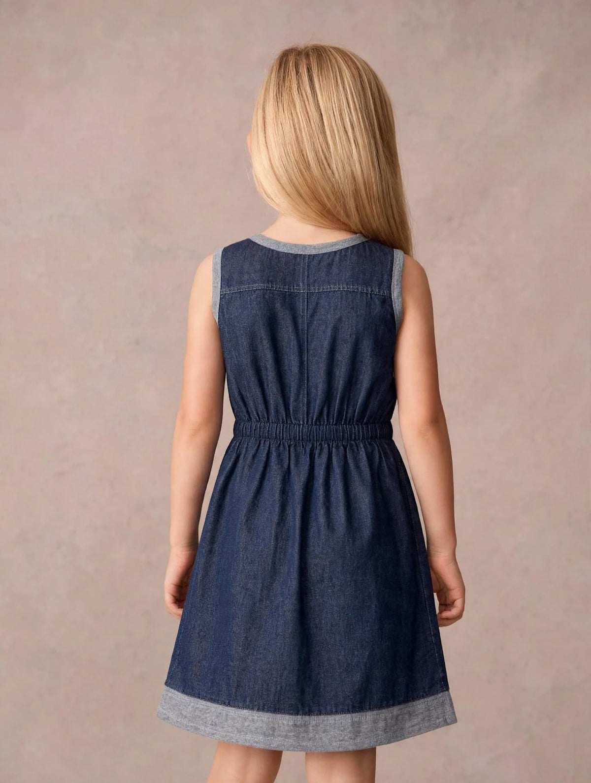 Stylish Sleeveless Denim Dress with Contrast Trim & Waist Tie for Girls | MH